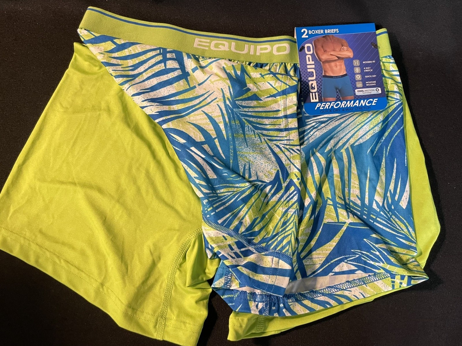 Men’s Equipo 2-pk. Boxer Briefs Size Large-LIME GREEN/BLUE-NWT