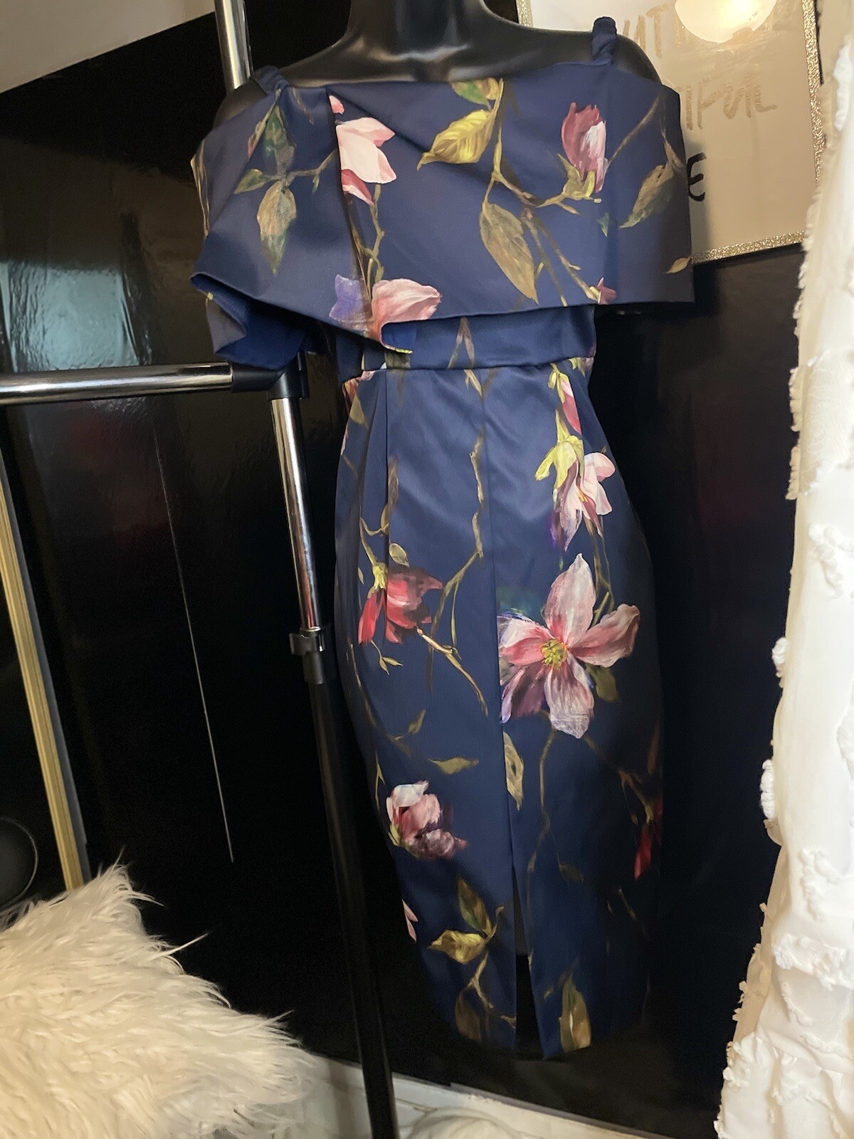 DOROTHY PERKINS Navy Floral Off-Shoulder Pencil Occasion Dress UK 8 EUR 36 US 4