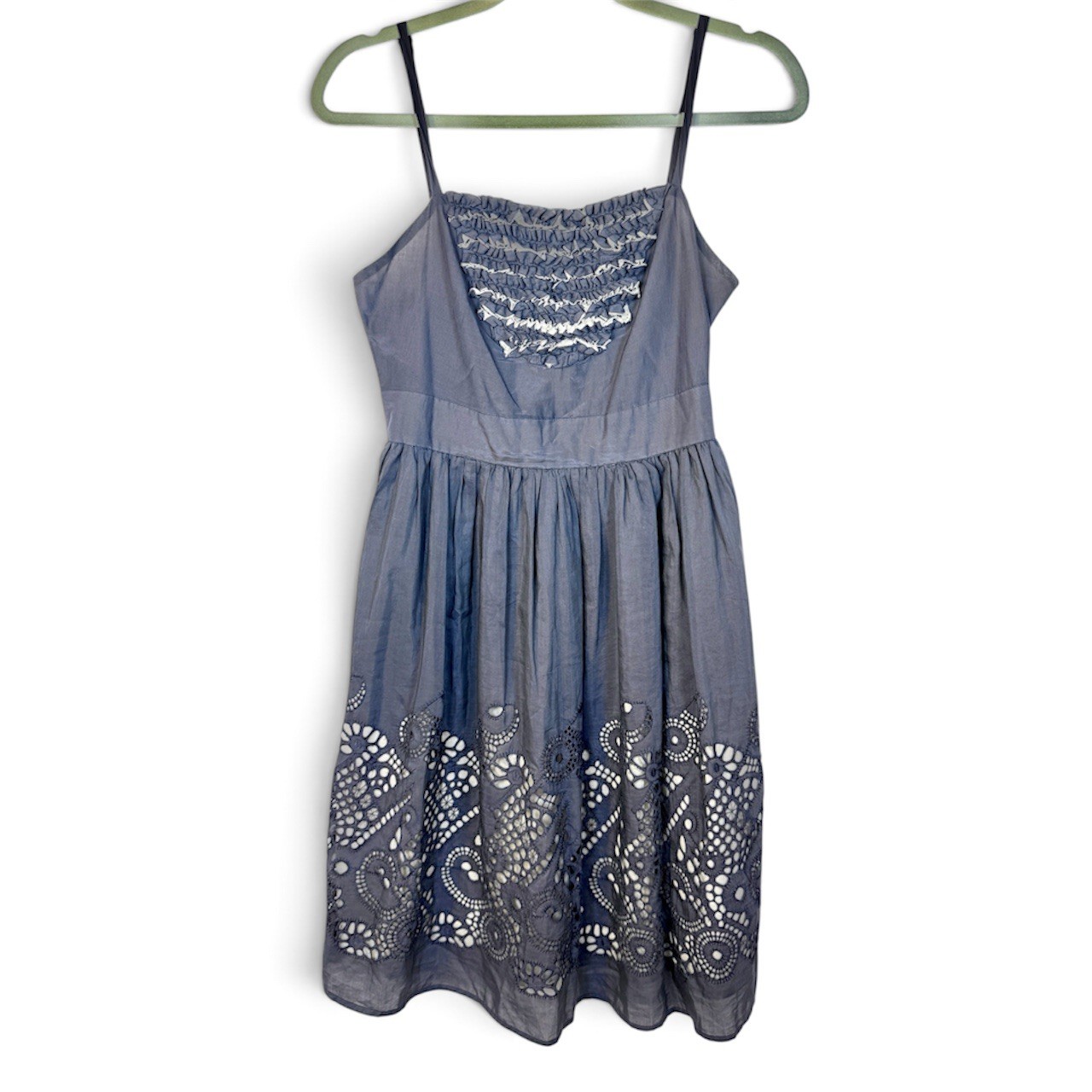 Burlapp Fit-and-Flare Grey Blue Silk Cotton Eyelet Dress Ruffled Bodice 4 Party