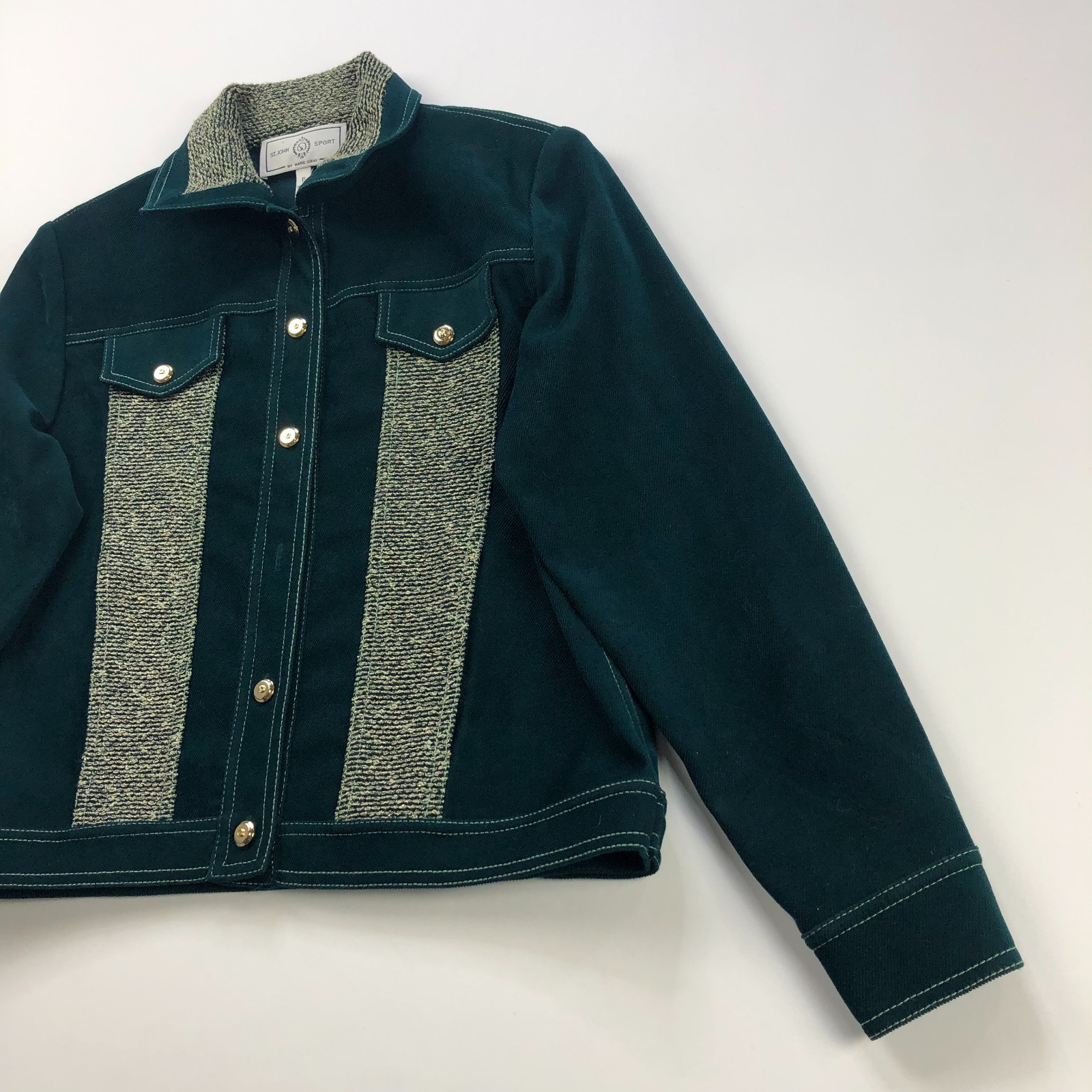 St. John Sport Marie Gray Size P Petite Button Blazer Jacket Dark Green PLS READ