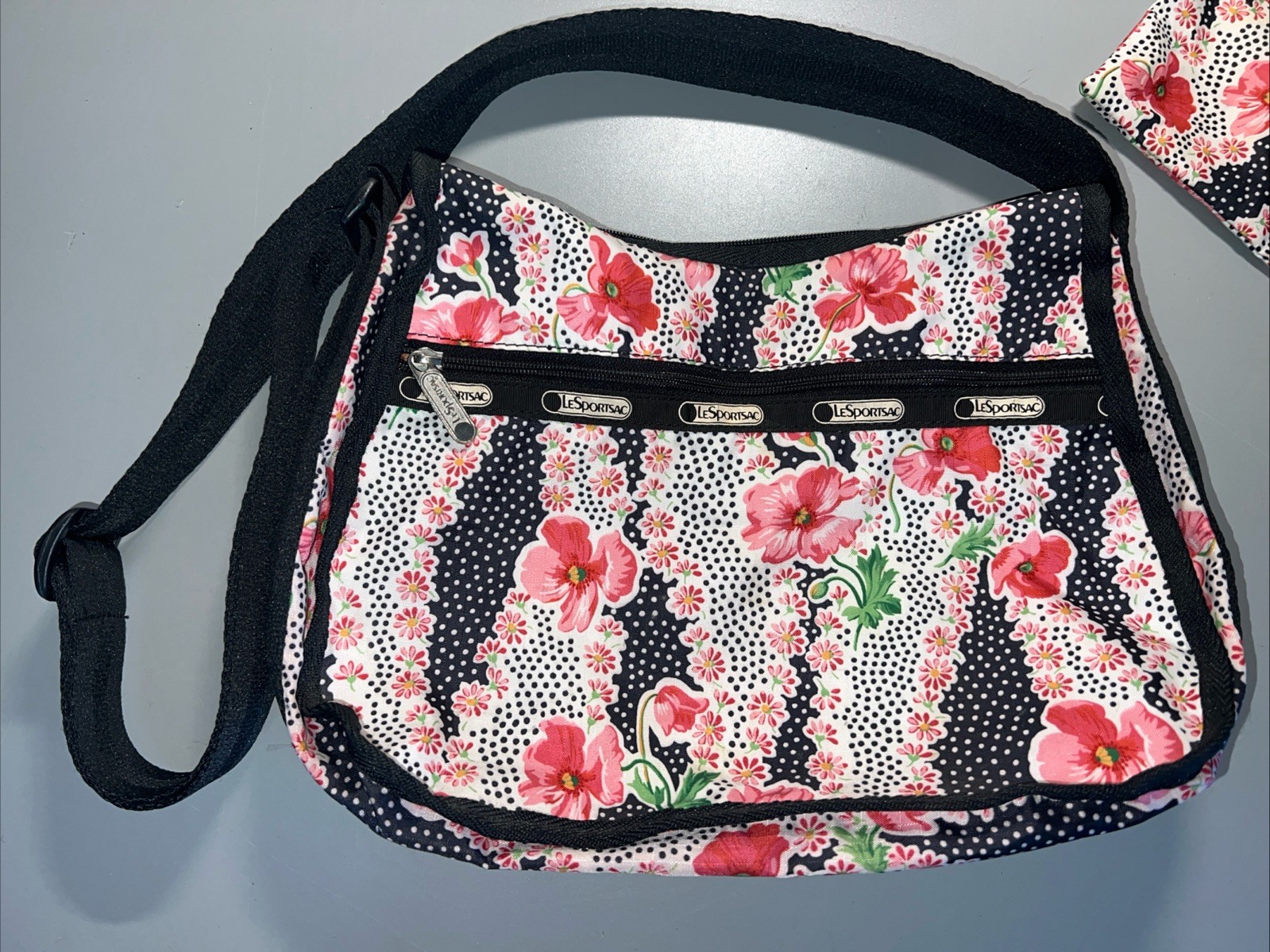 LeSportsac handbag + pouch Pink flowers & polka dots Canvas 9 x 11 x 5 Inches