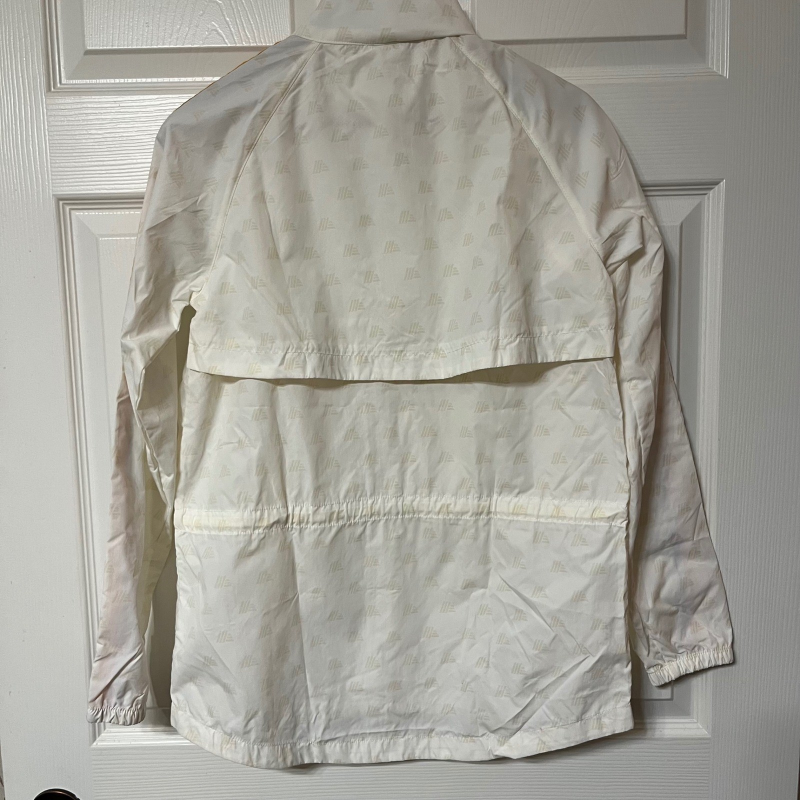 ALDI GEAR White All Over Logo Windbreaker Jacket Rainbow Stripe Sleeve Size S