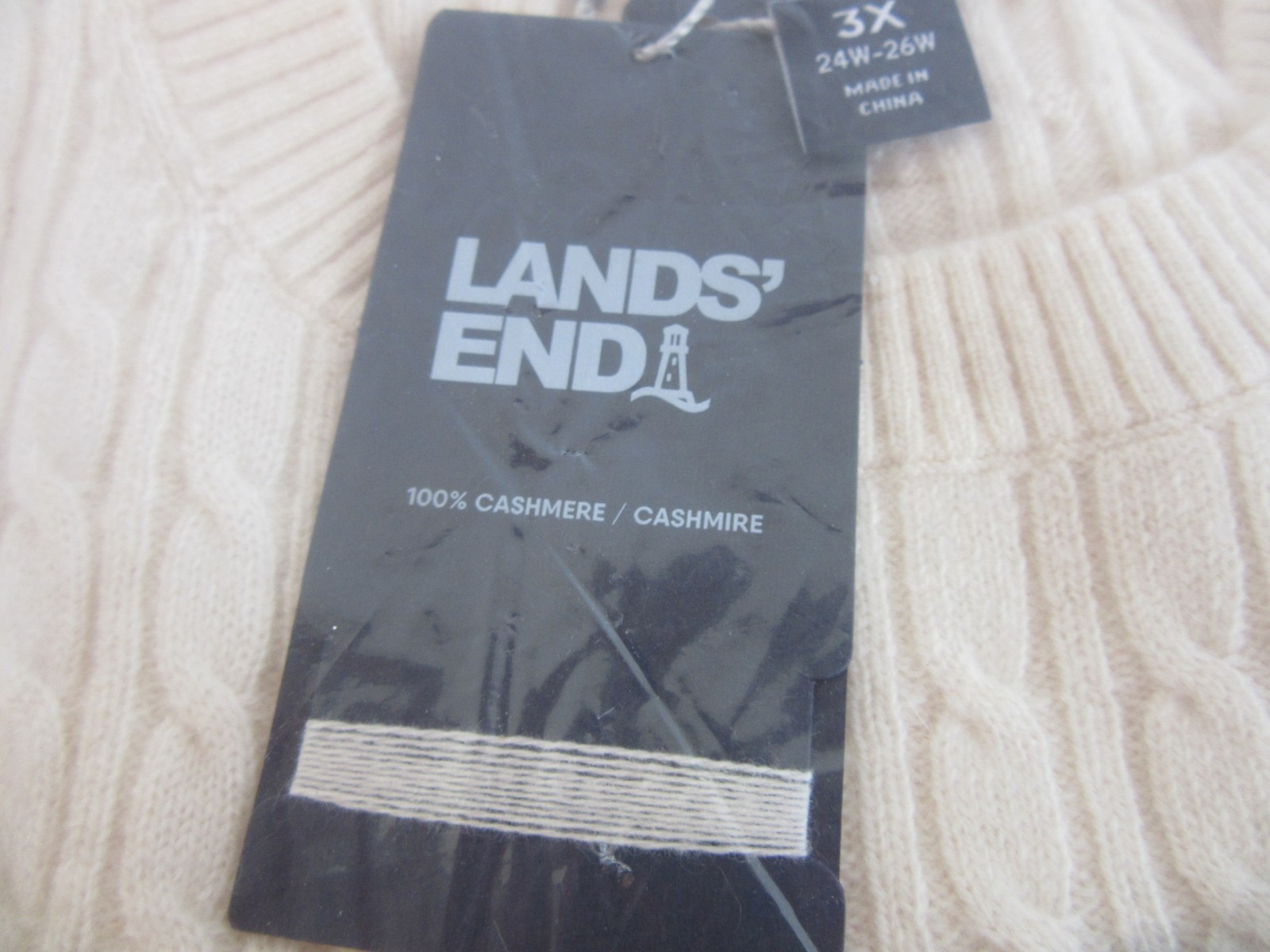 Lands’ End 100% Cashmere Long Sleeve Cable Ivory Pullover Style #520921 3X NEW!