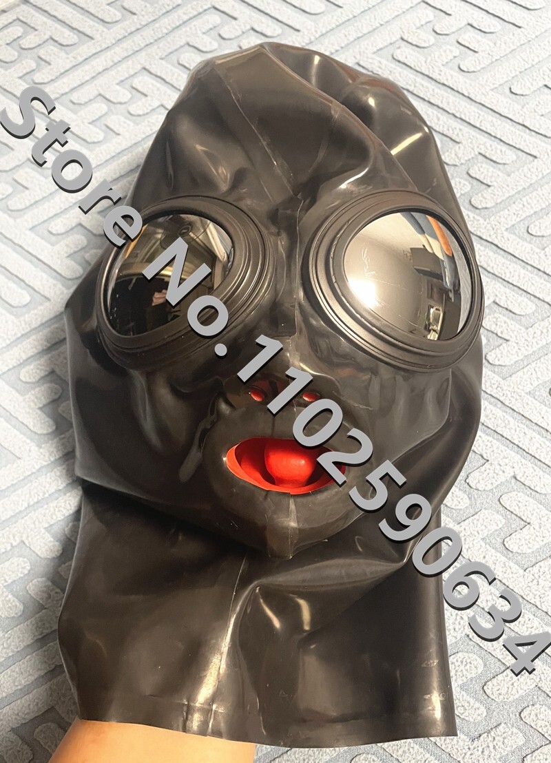 Latex mask full cover with eye glass 15cm long nose tube and red teeth 0.4mm