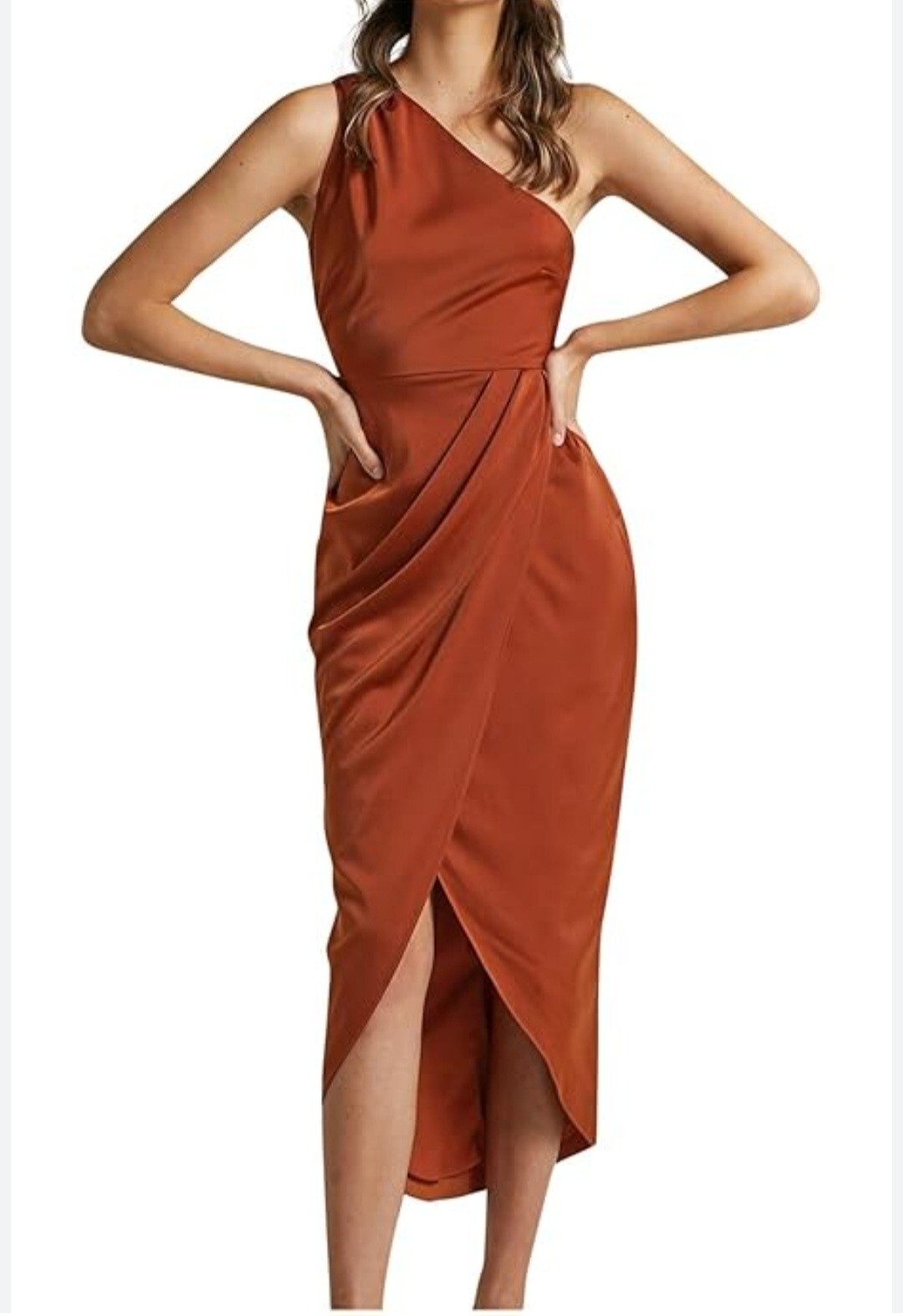 Lyaner split wrap one- shoulder ruched stretch satin sz M