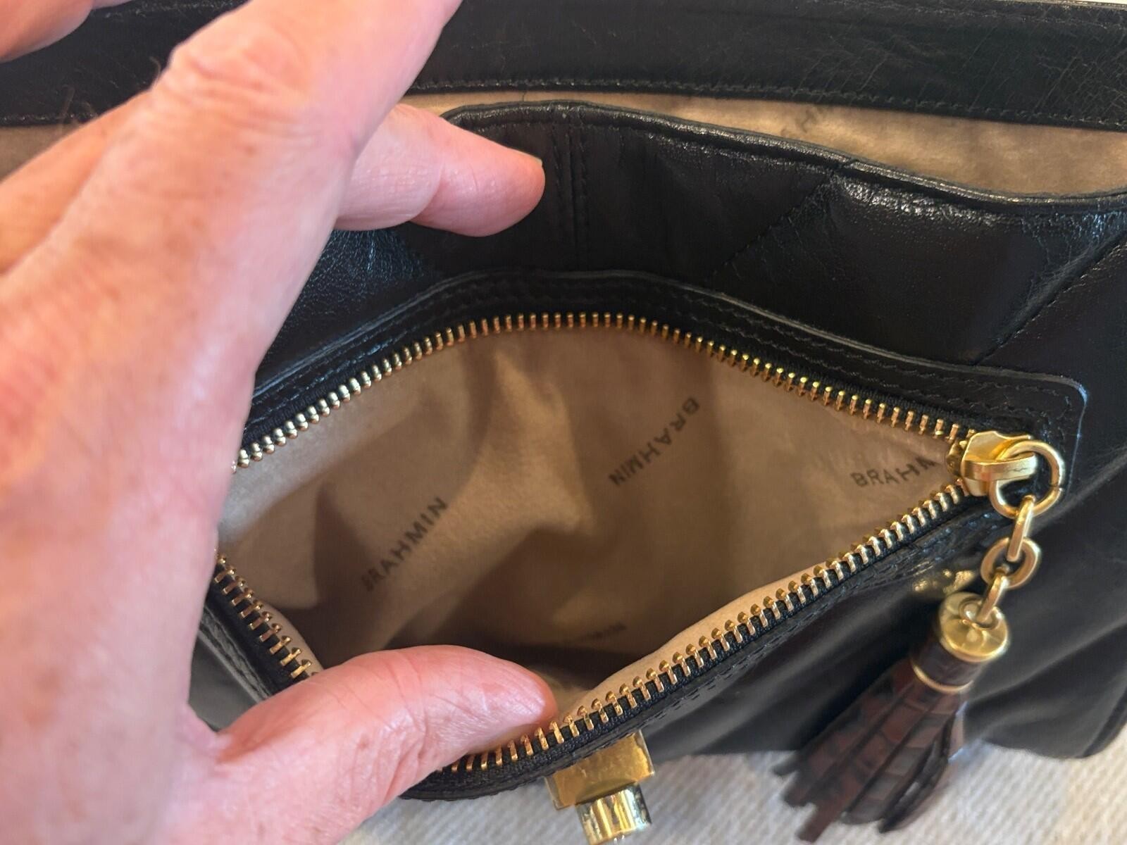 Brahmin Harrison Mixed-Media Shoulder Bag – Pecan Melbourne Croc-Embossed Leathe
