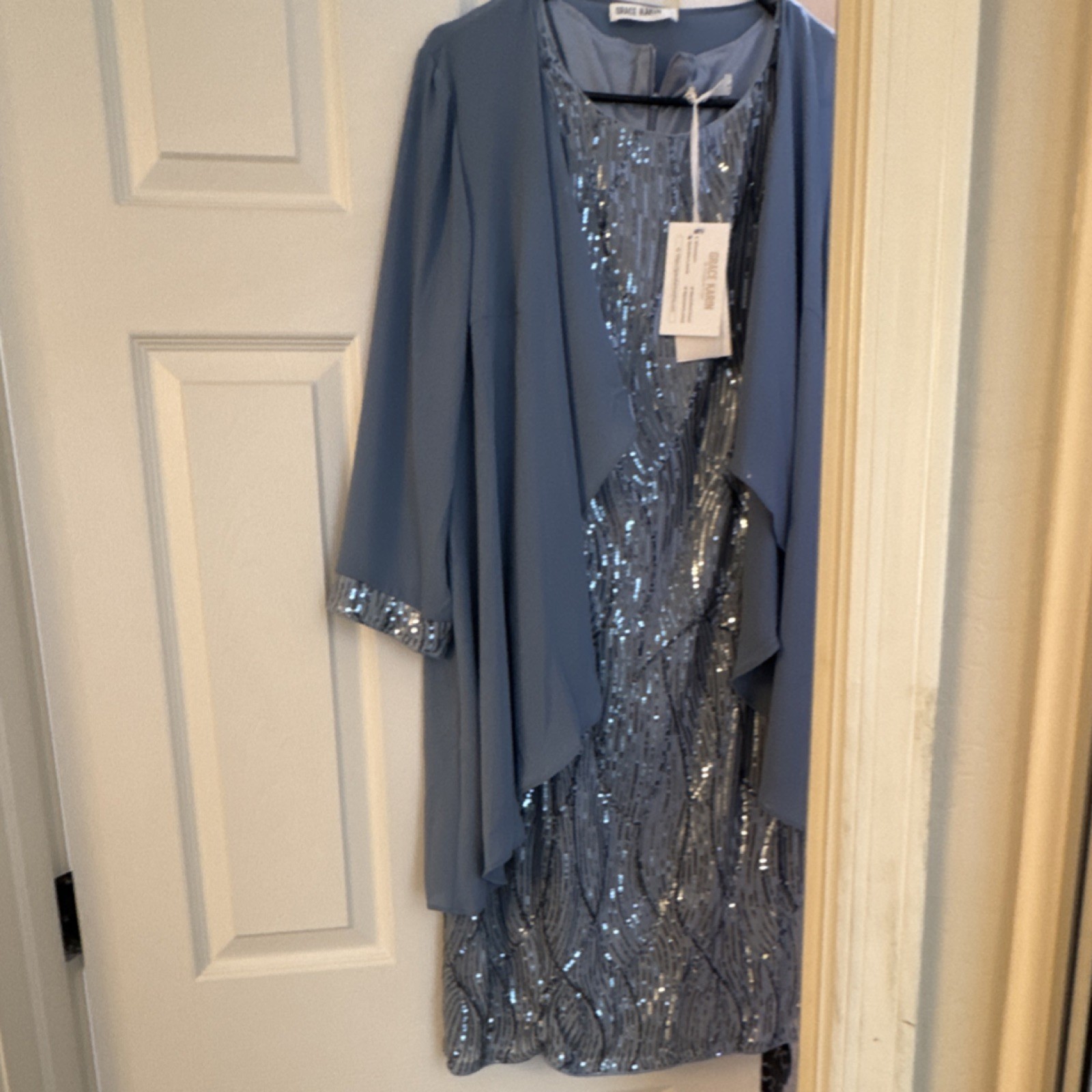 Grace Karin Women’s Blue Sequin Knee-Length Dress with Open-Front Jacket Set