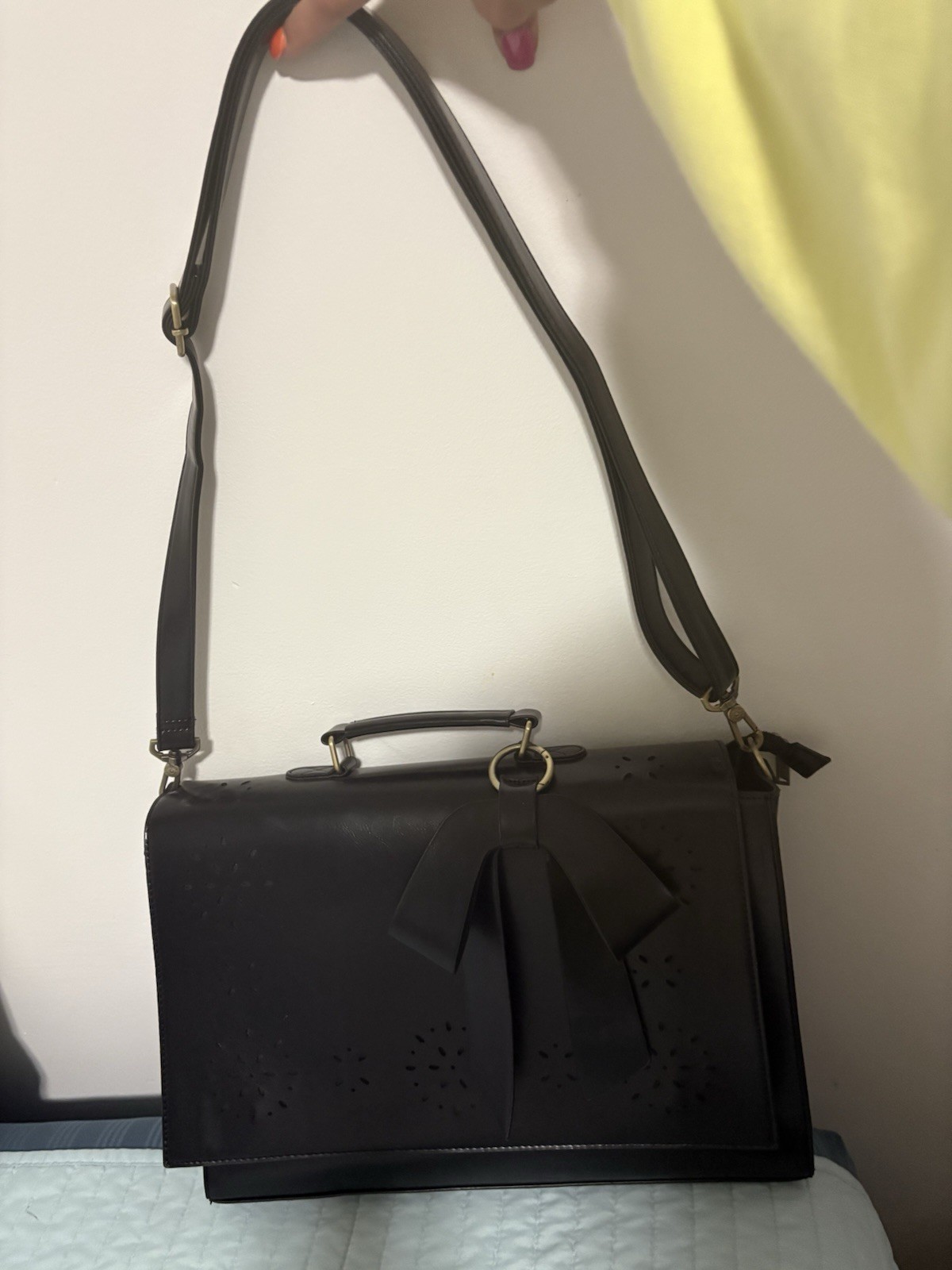 Ecosusi Black Satchel Top Handle Crossbody Bag Bow Magnetic Flap Gold HW