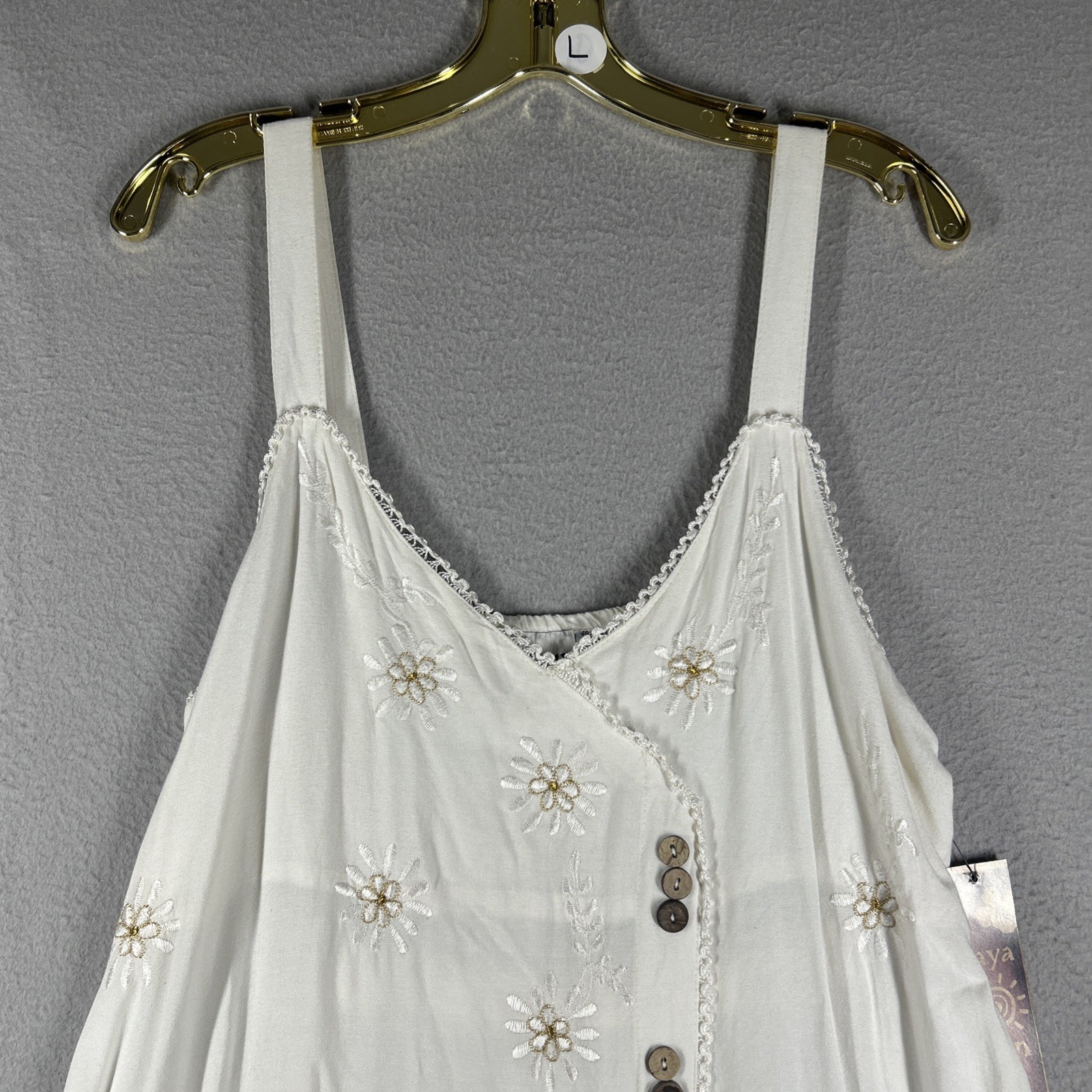 Raya Sun Women’s Size L Boho Embroidered Sundress Lace Trim Hand Wash Beige 38”