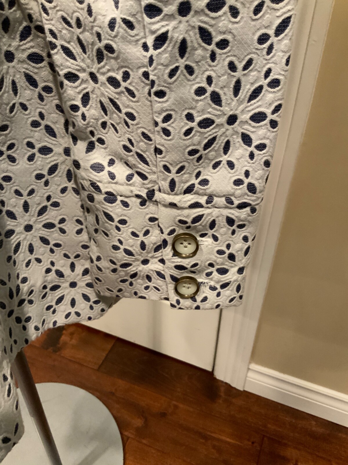 Elevenses White & Chambray Floral Eyelet Patterned Peplum Trench Jacket, Size 12