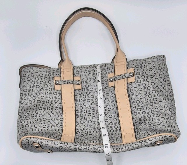 Guess Monogrammed Signature Pattern Satchel Tote Purse Bag Grey & Beige – VGC