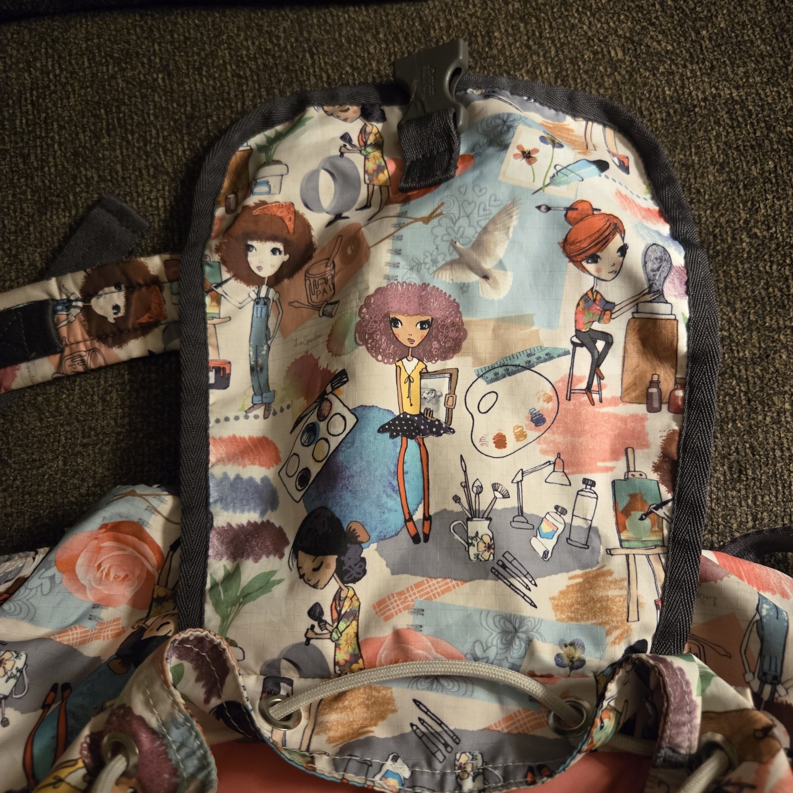 LeSportsac Voyager Backpack ‘Art School’ Cartoon Graphic Pink Lining 13″ x 16″