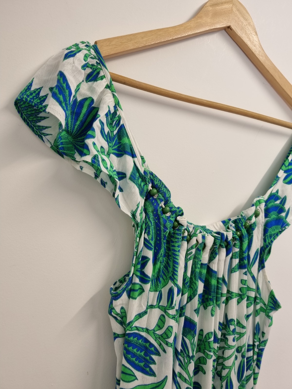 Accessorize 12-14 (M) White Blue Green Fan Print Beaded Tiered Summer Dress
