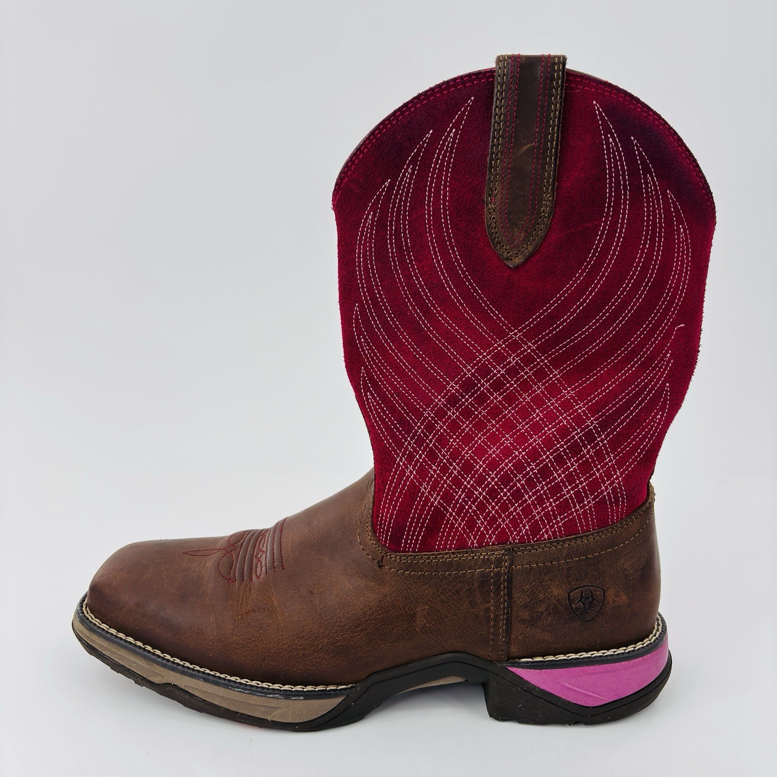 Womens 9 B Ariat Anthem Pink Brown Leather Square Toe Cowboy Boot Slip Resistant