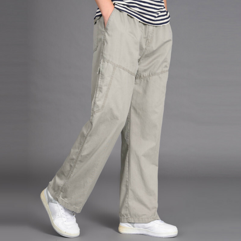 Men Long Cargo Pants Trousers Loose Casual Cotton Plus Size Black Grey Khaki