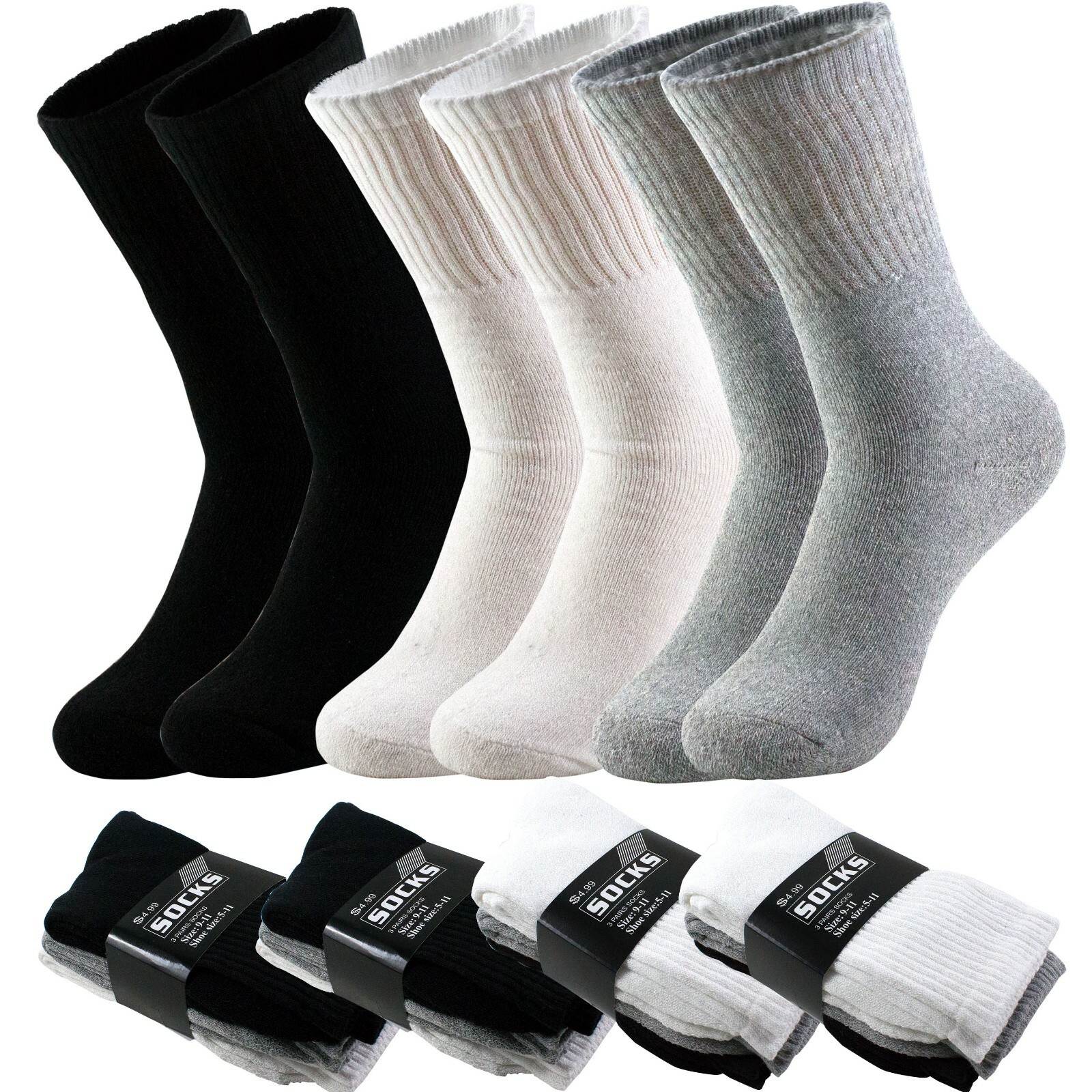 3 6 9 12 Pairs Men’s Sport Athletic Work Cotton Crew Solid Socks Size 9-11 10-13
