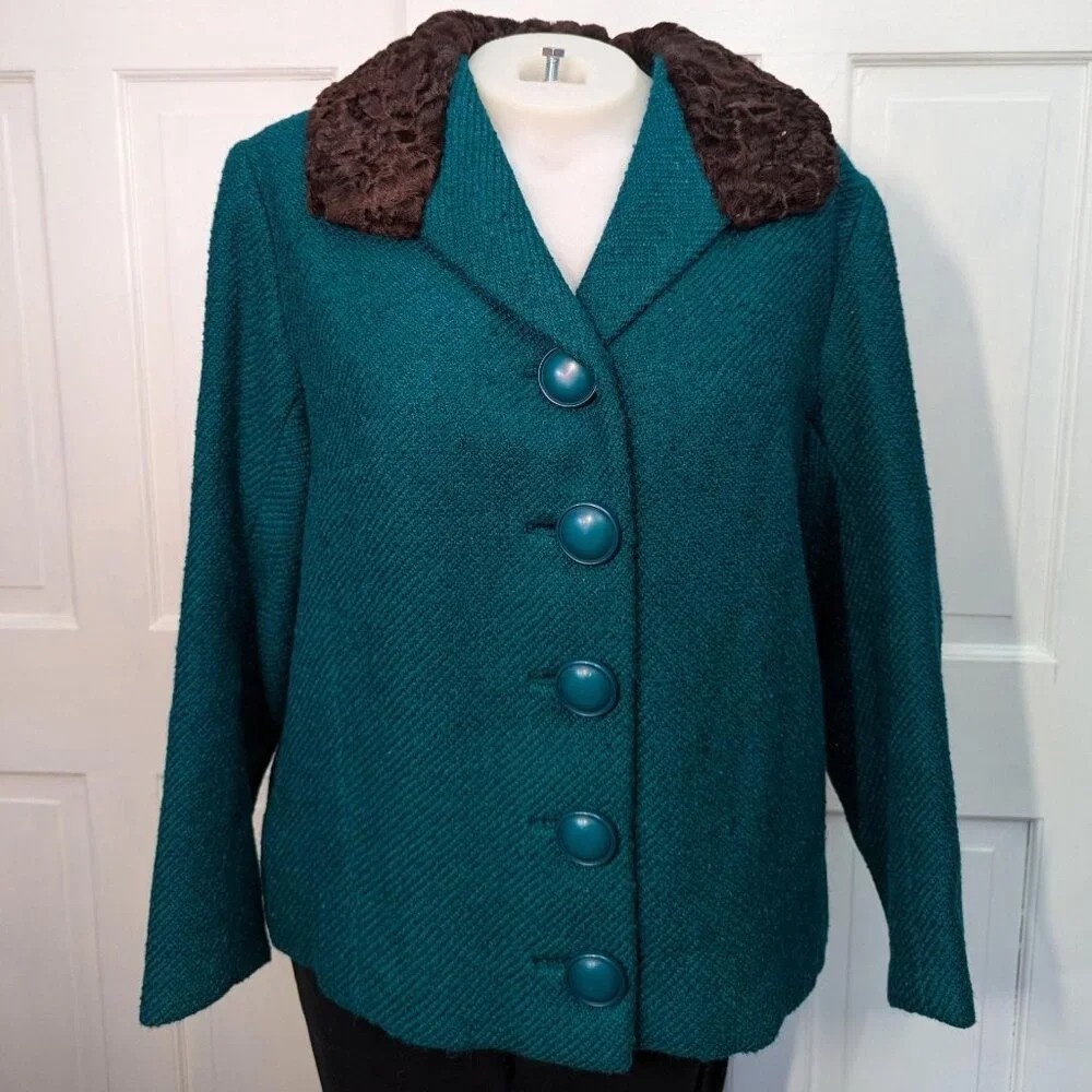 1960’s Italian Dark Teal Wool Boucle Blazer with Persian Lamb Collar