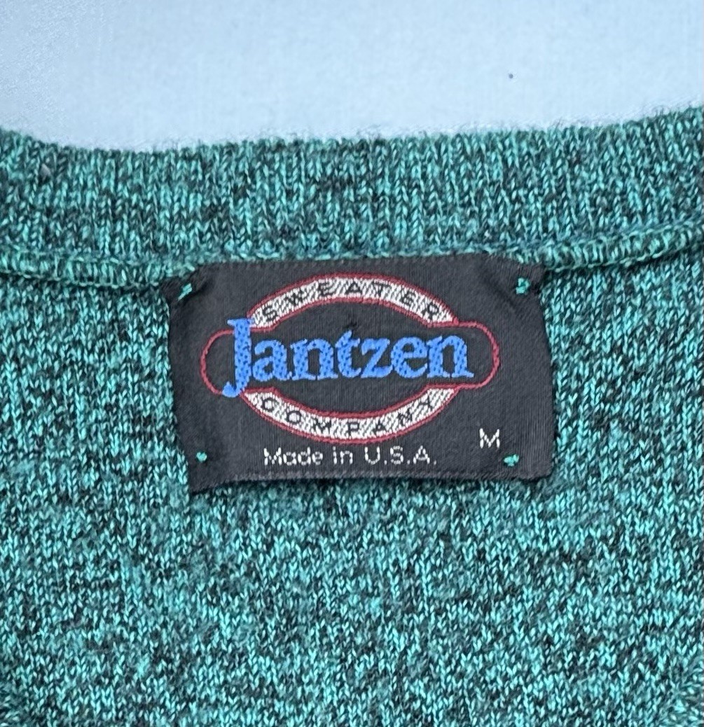 Vintage 90s JANTZEN Green Orlon Acrylic V-Neck Sweater Made USA