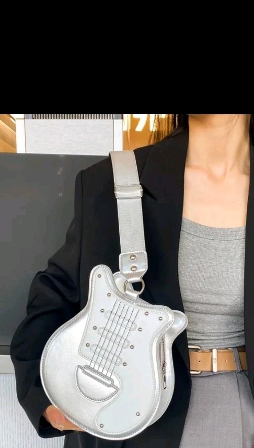 Music Lovers Trendy Guitar C/ B Bag, Fun For All Ages Silver & White Faux Leathe