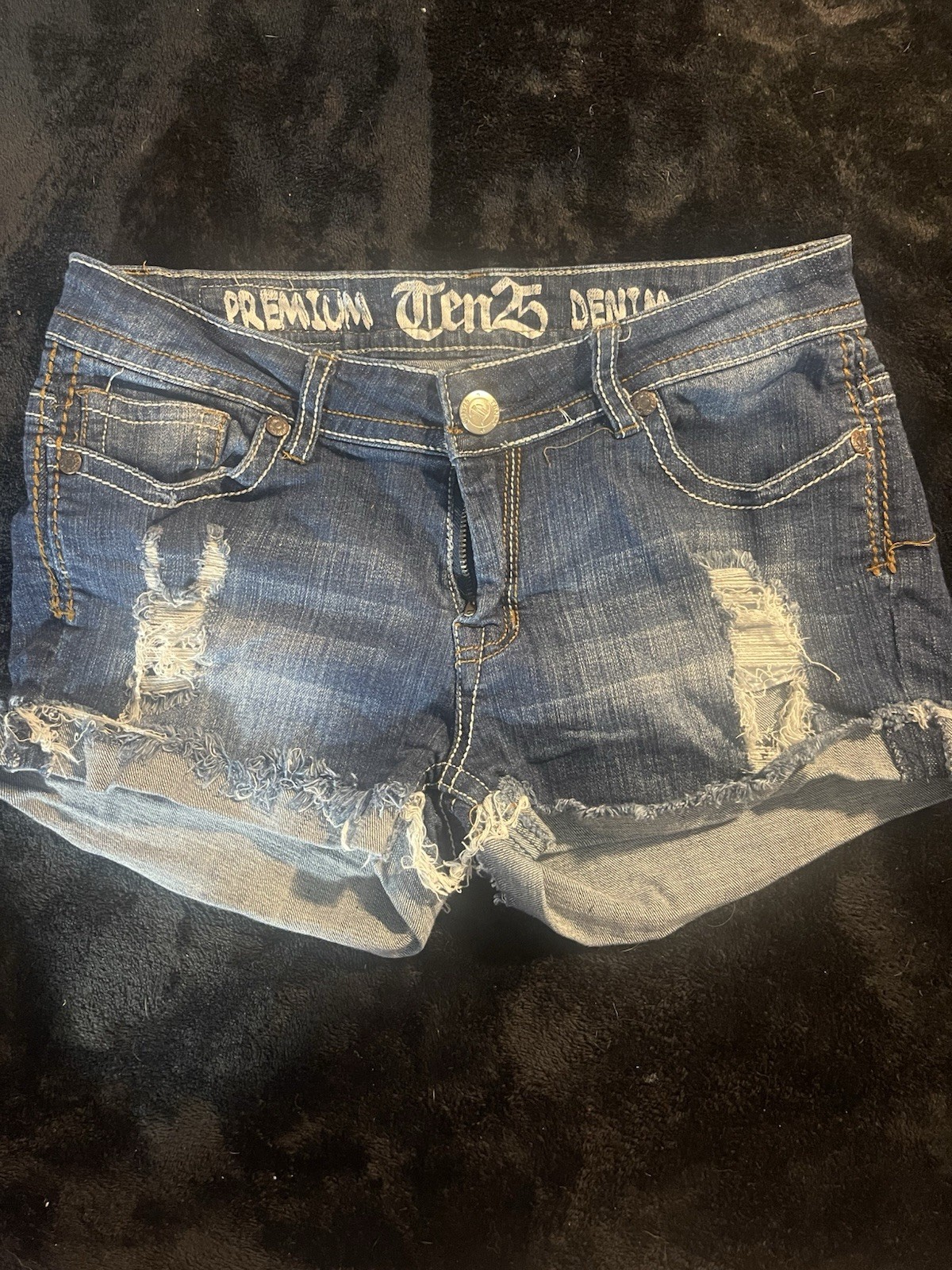 Ten25 Premium Denim Juniors 11/12 Blue Distressed Low Rise Cut Off Shorts