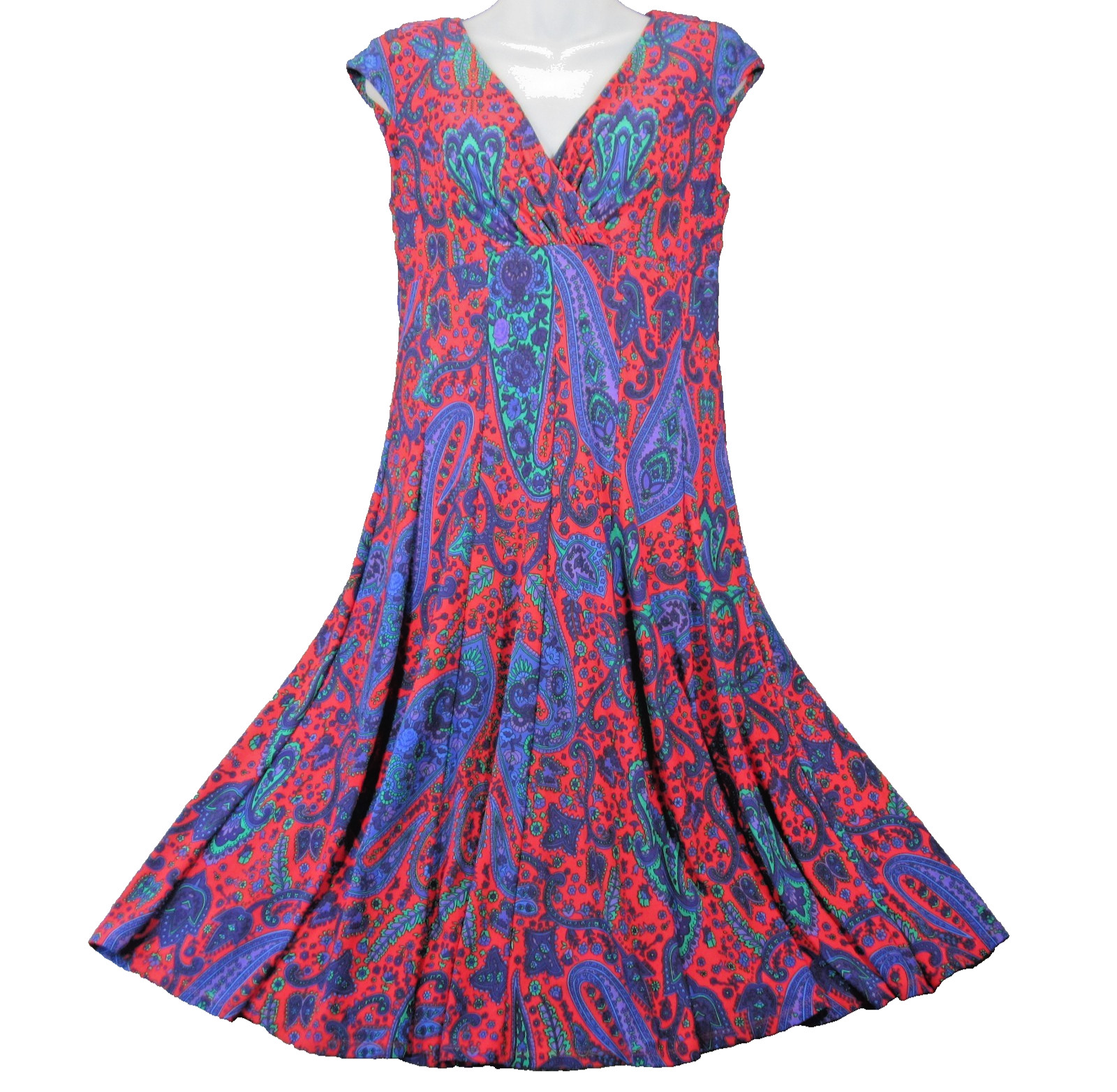 Lauren Ralph Lauren Midi Dress Sz 8 Red Purple Paisley Cap Sleeve Faux Wrap Boho