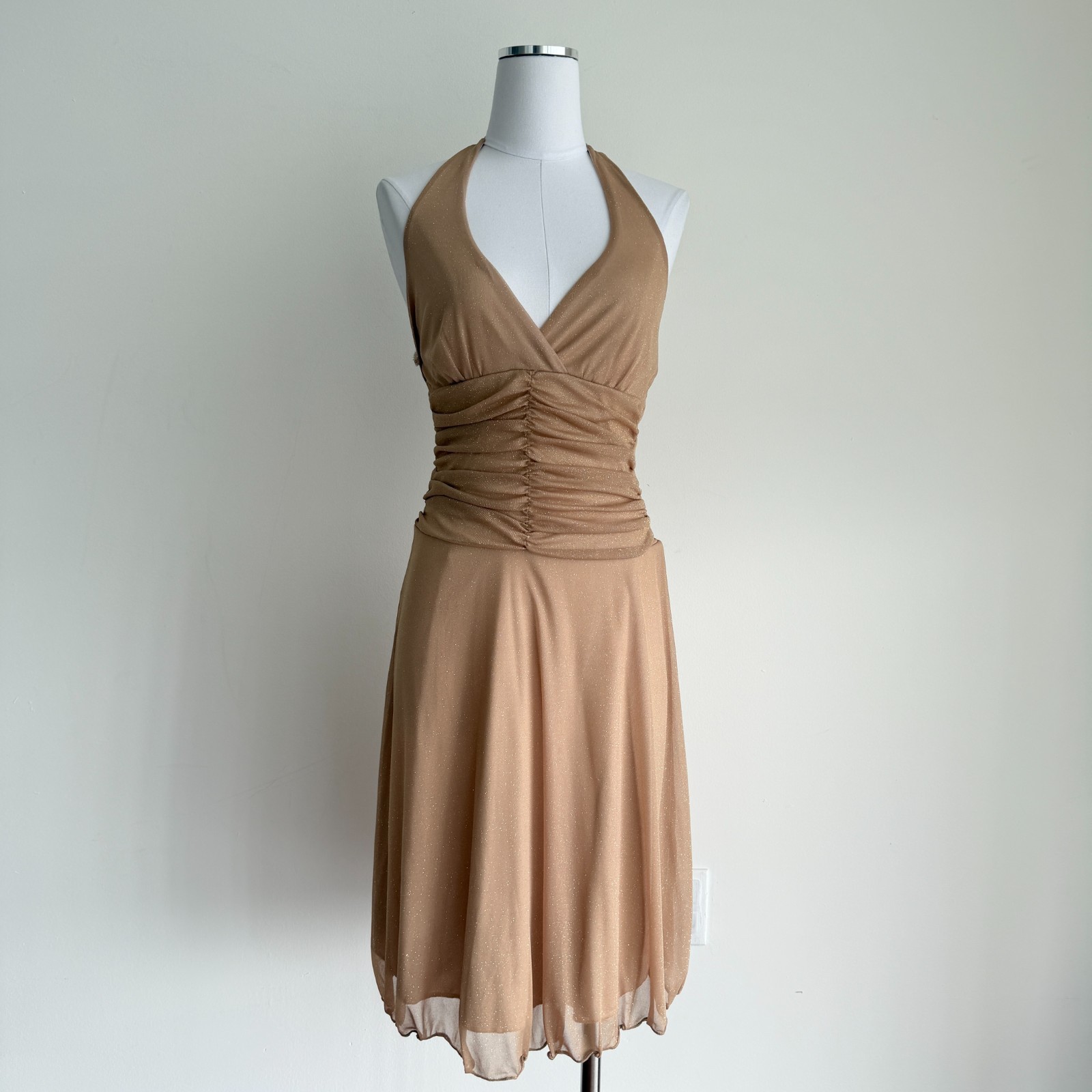 Vintage Y2K Halter Speechless Dress Small Gold Ruched Drop Waist Fairy Siren