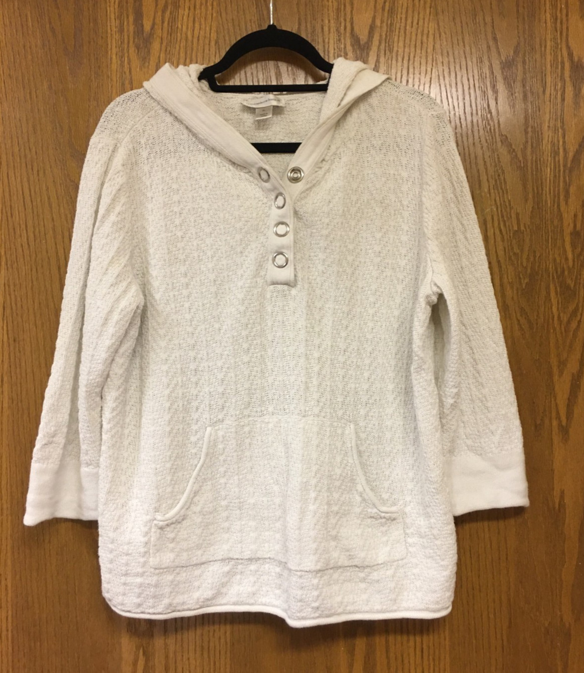 Christopher & Banks Women’s Textured Hooded Sweater Snaps Pocket Ivory XL