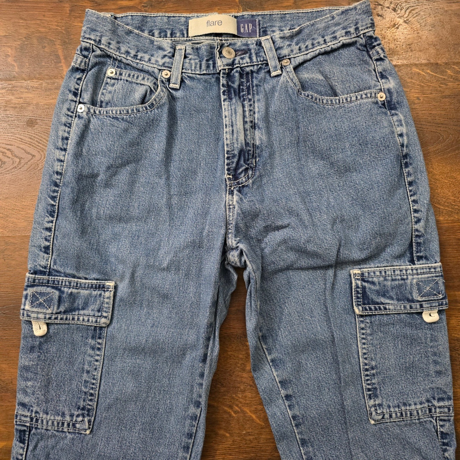 Vintage Gap Cargo Flare Jeans Womens 4 Blue Denim High Rise Made in USA Y2K 0402