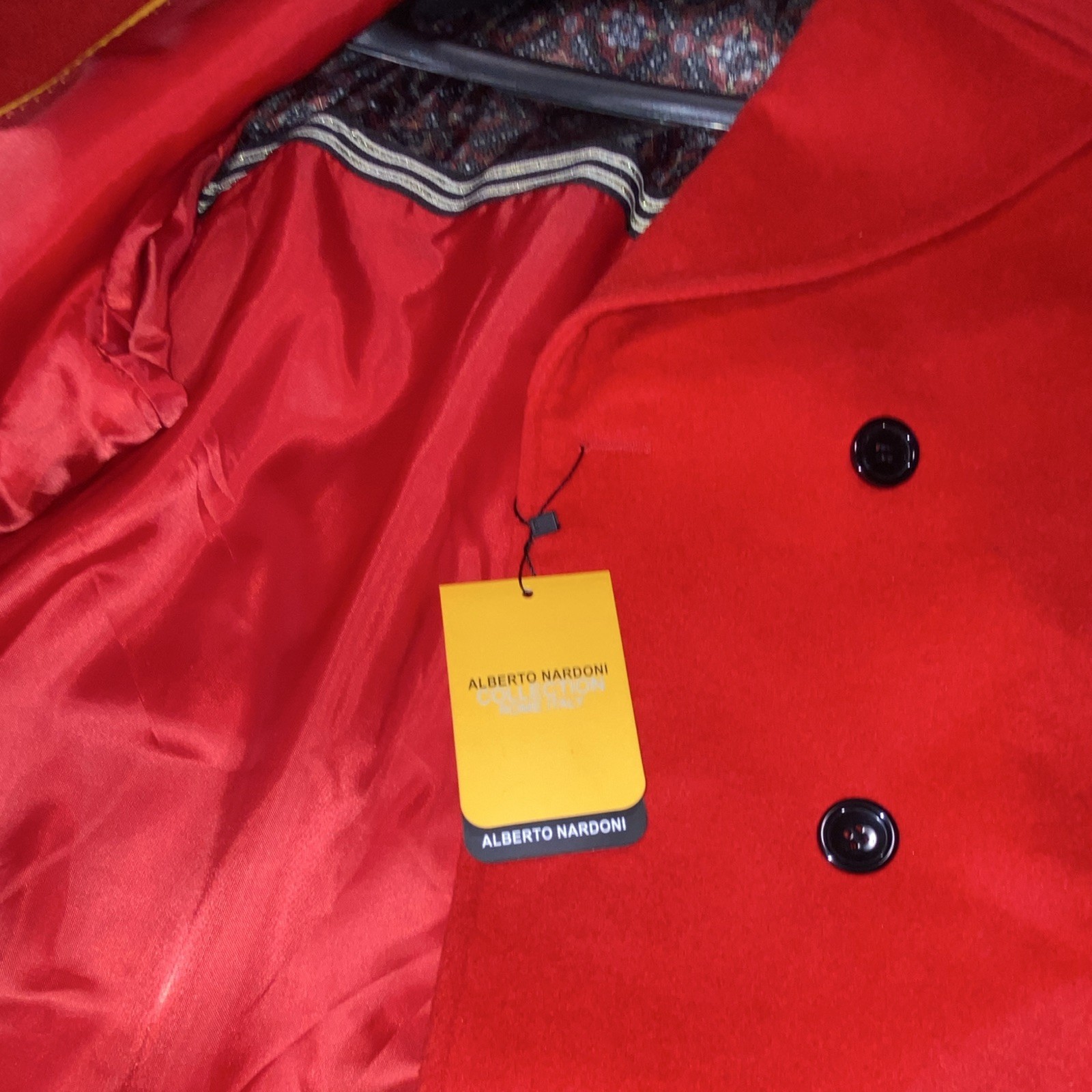 Alberto Nardoni Red Lined Button Collared Wool Pea Coat Pockets L Chicago