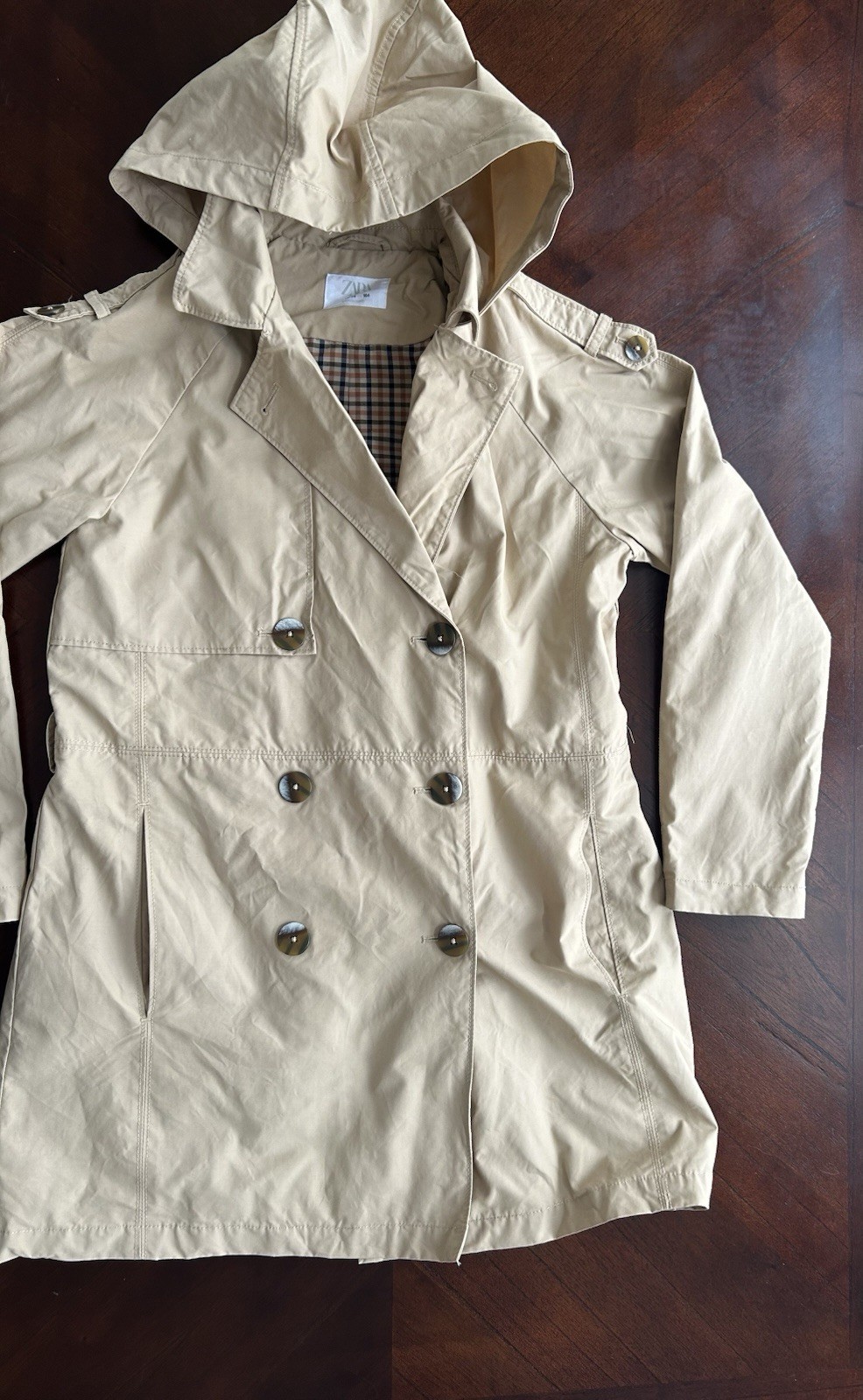 Zara Hooded Double-Breasted Trench Coat in Beige girl size 13-14