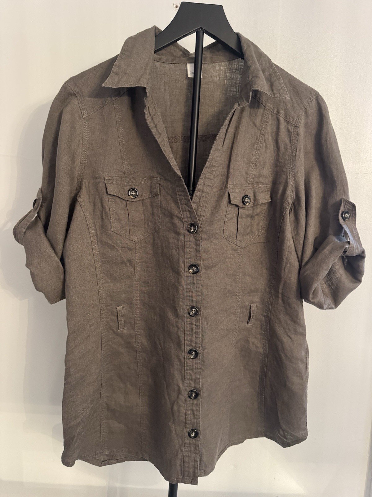 Women’s 100% Linen Button Front Utility Shirt Earthy Neutral Relaxed Sz 12