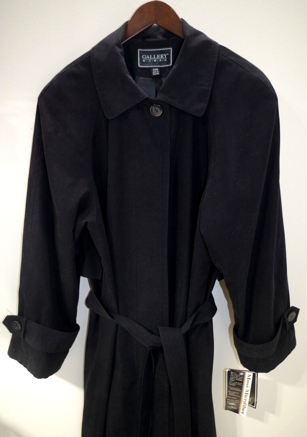 10B NWT Gallery All Seasons Coat Belted Black Woman 20W Moss Microfiber Trench