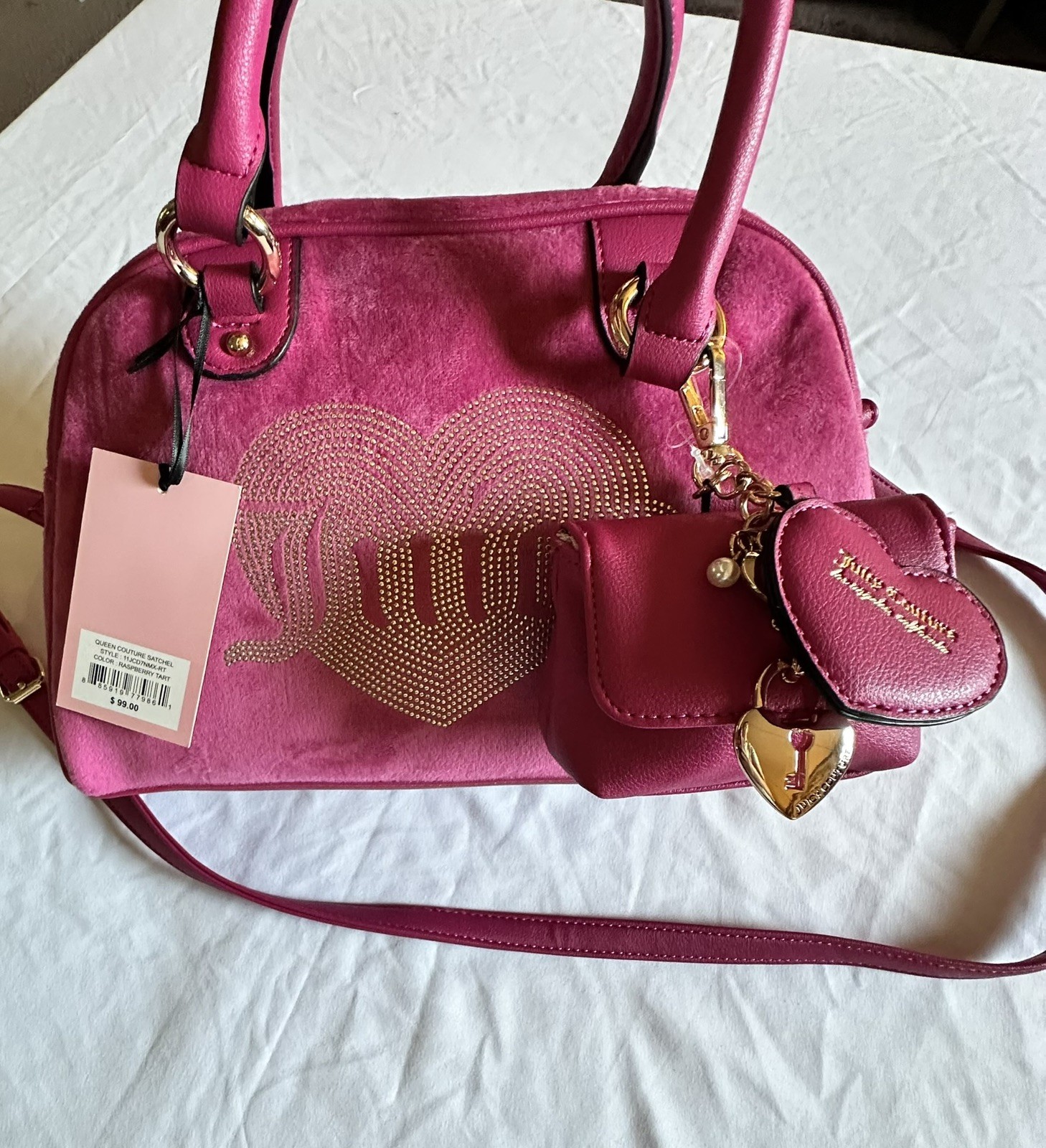 JUICY COUTURE QUEEN COUTURE SATCHEL BAG W/ MINI COIN BAG CHARMS RASPBERRY TART