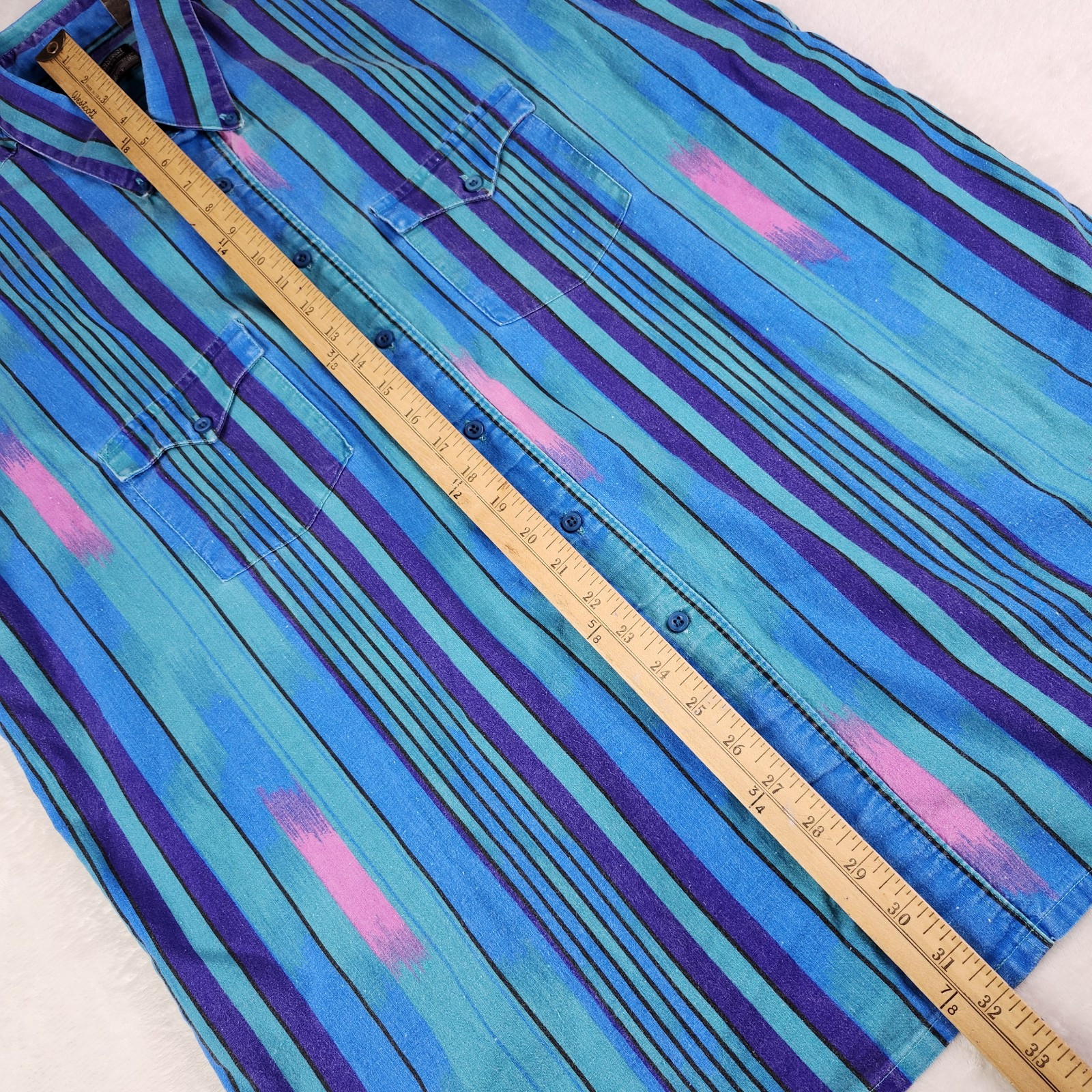 Vintage PLAINSMAN Western Striped Button Up Shirt Mens 90s Blue Short Sleeve