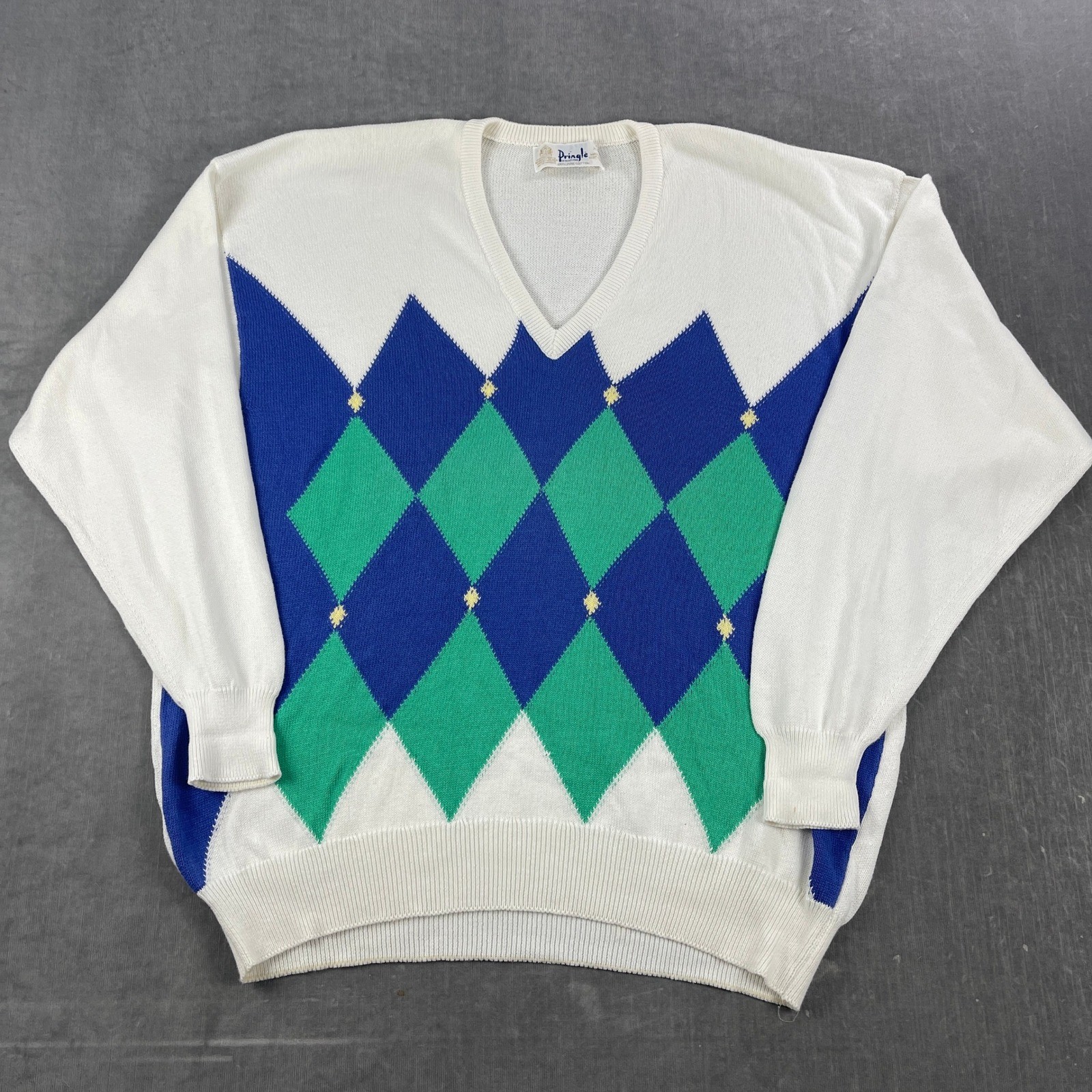 Pringle of Scotland Men XL White Argyle V-Neck Sweater Pure Cotton Made Scotland