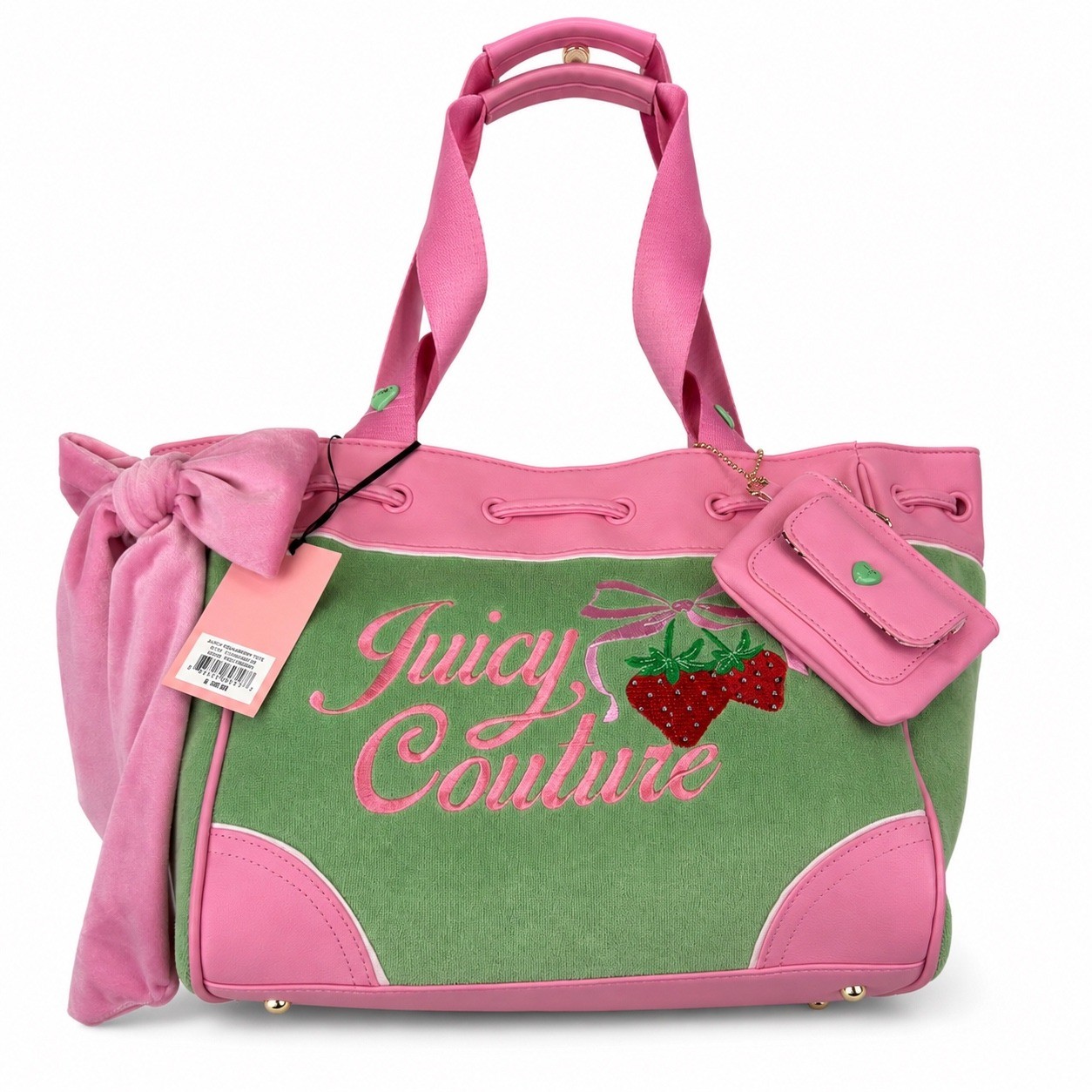 Juicy Couture Retro Strawberry Tote Bag Pink Green Velour Y2K 11JCDXUMX-RG NEW