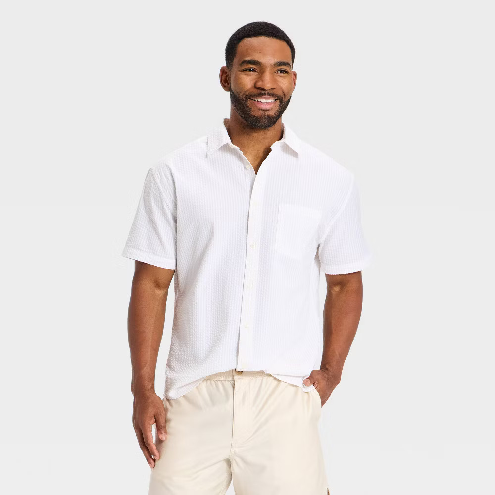 Men Short Sleeve Seersucker Button-Up Shirt – Goodfellow & Co Cream L