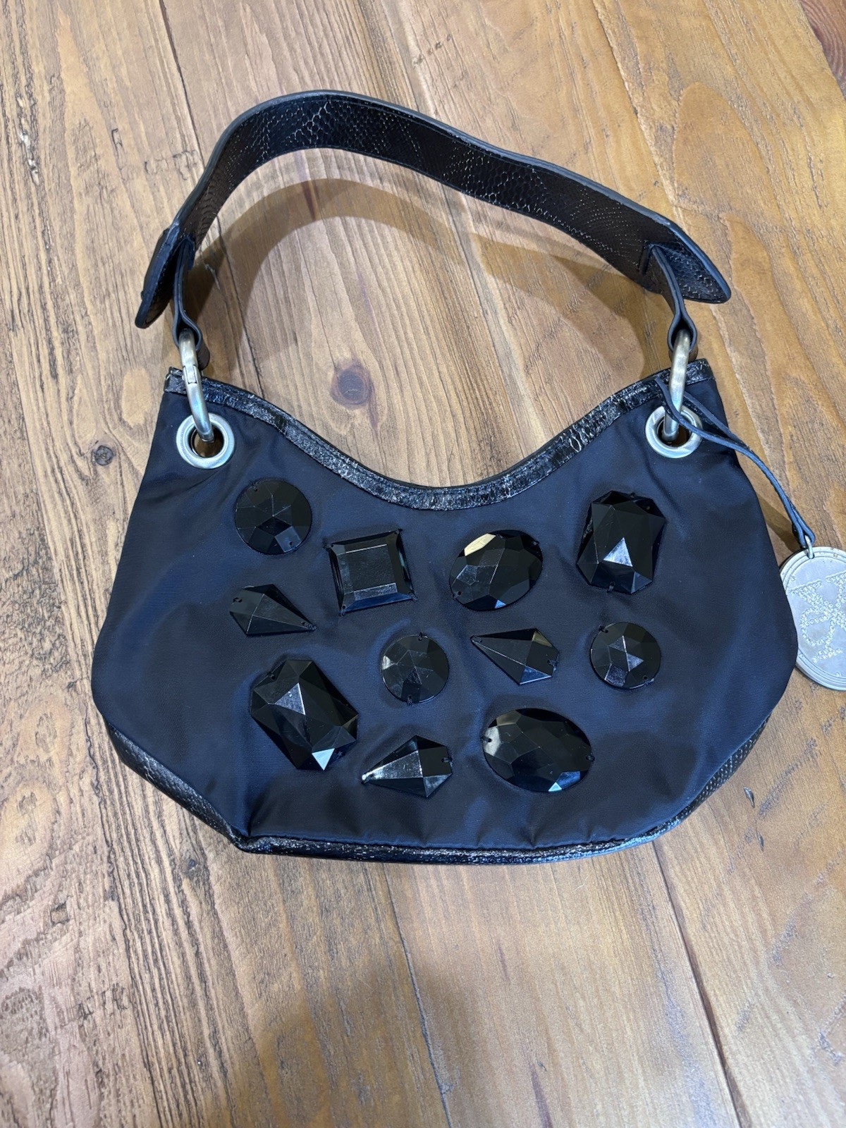 Vintage EXTE Italy Metallic Python Leather & Nylon Crystal Crescent baguette bag