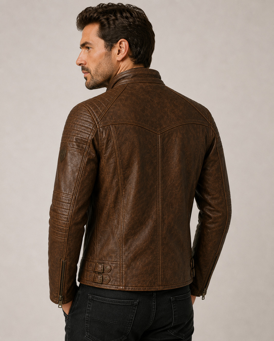 Men’s Brown Cafe Racer Leather Jacket – Vintage Biker Motorcycle Zip Coat Casual