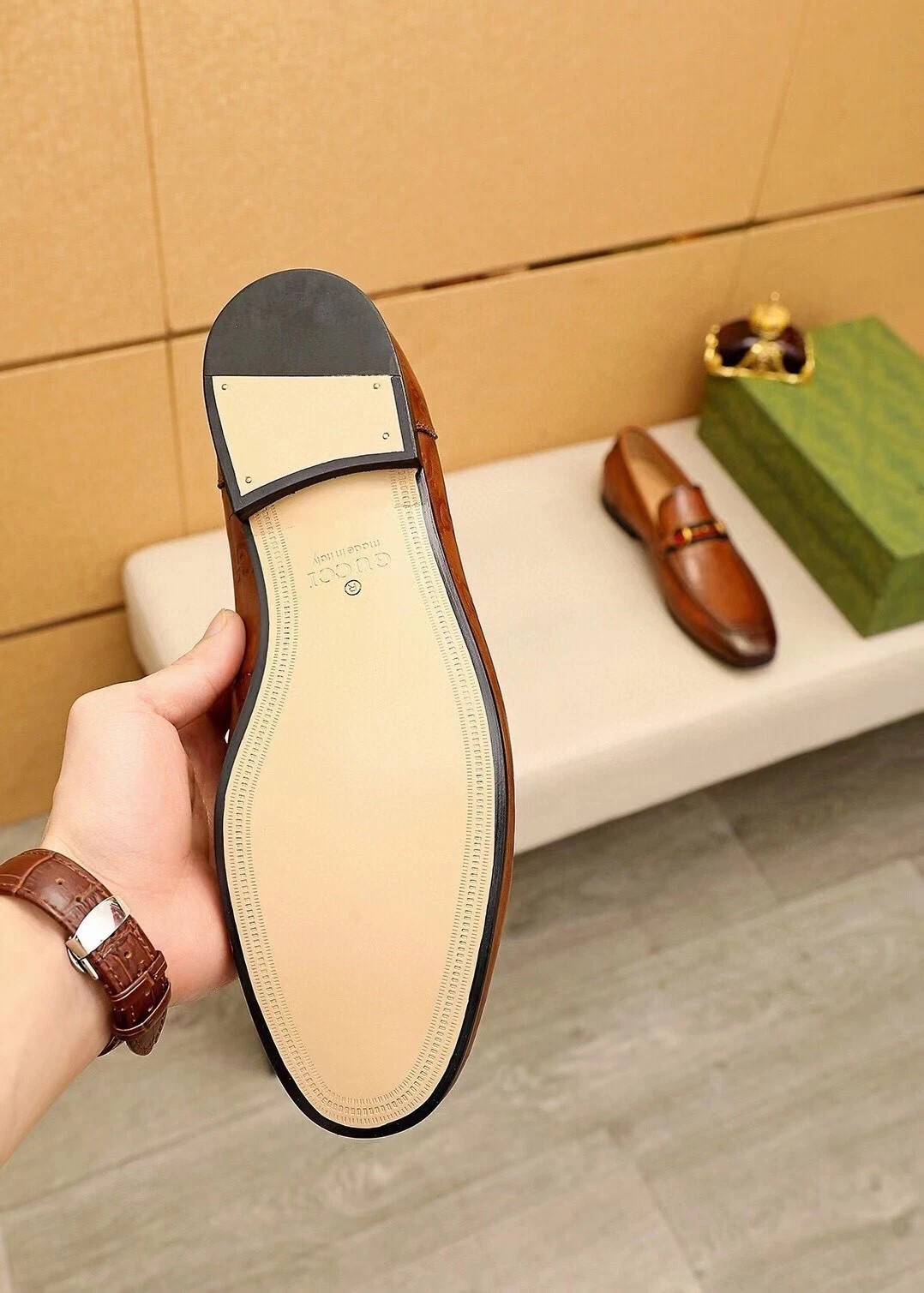 Gucci Men’s Horsebit Web GG Loafers Brown Leather Slip On Dress Shoes
