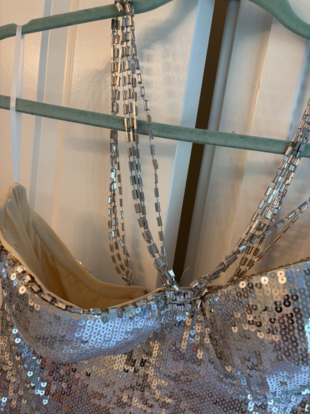 Silver Sequin Sweetheart Midi Dress Spaghetti Strap Bodycon Cocktail S