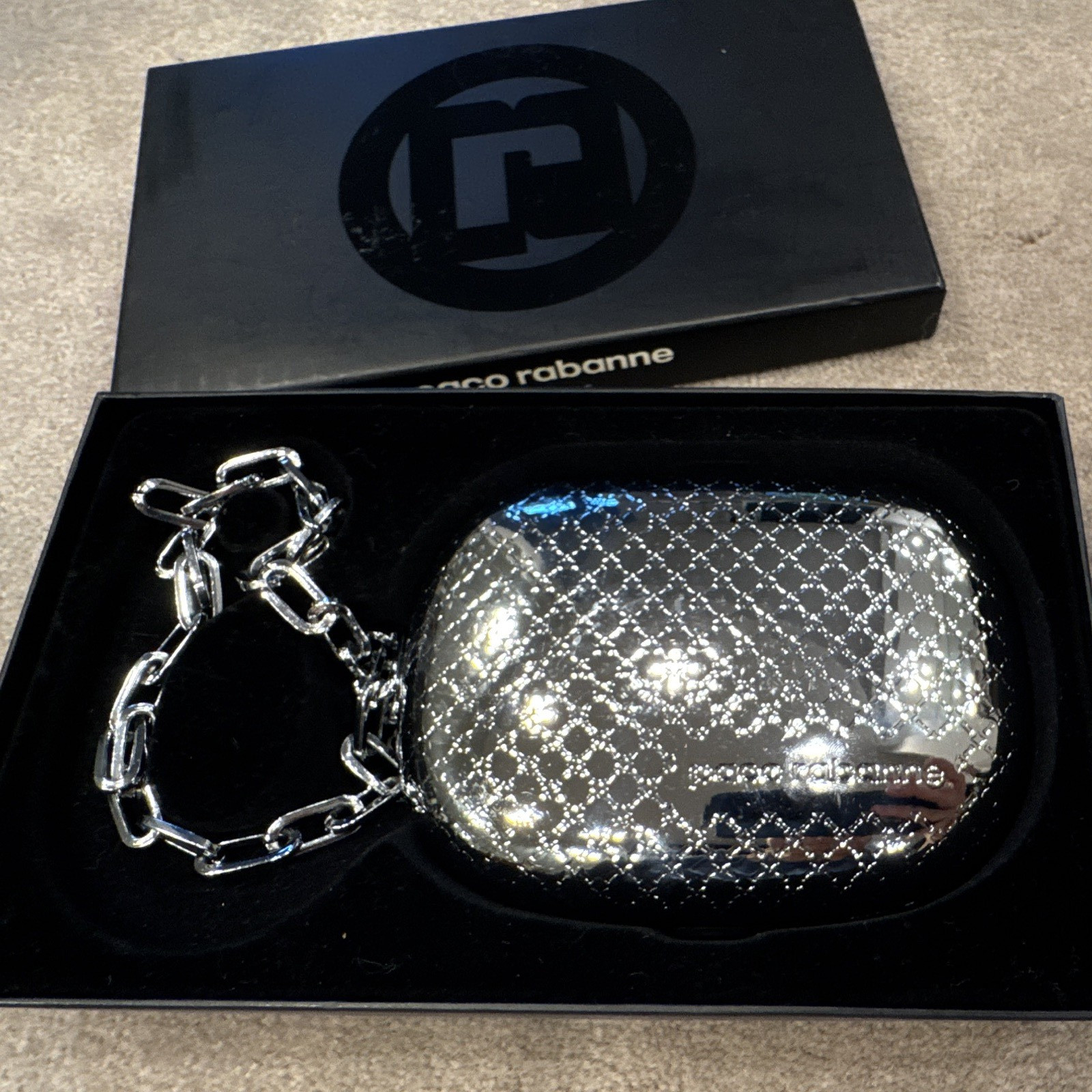 Paco Rabanne Silver Metallic Oval Clutch Chain Strap w/ Box