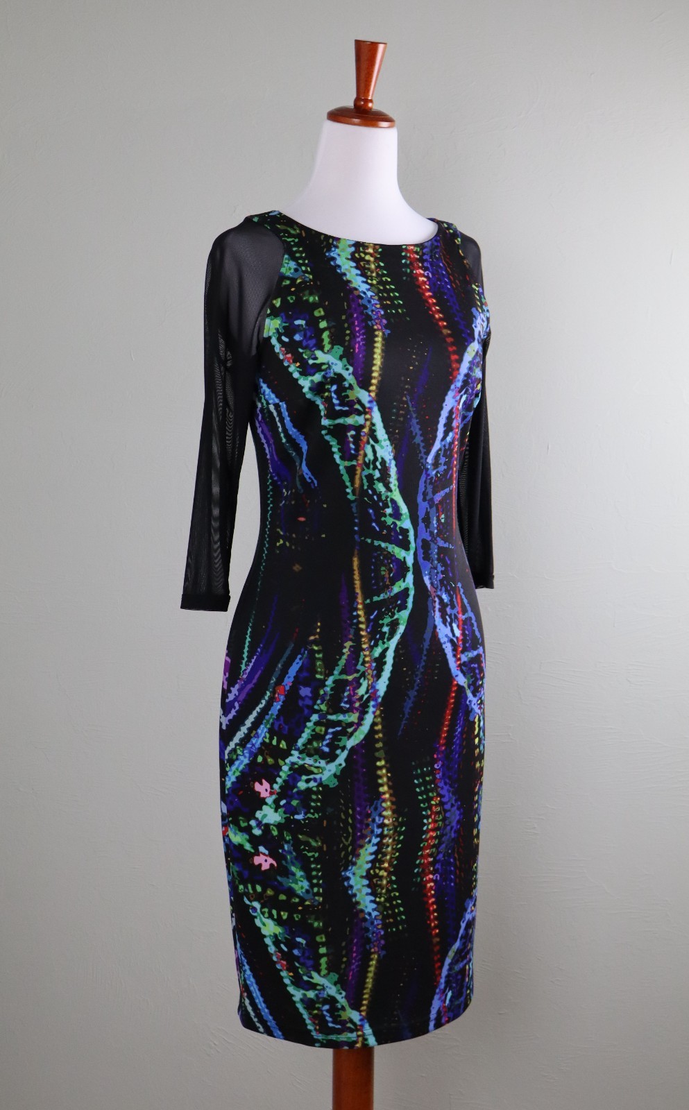 JOSEPH RIBKOFF $262 Stretch Sheer Mesh Sleeve Abstract Print Dress Size 8