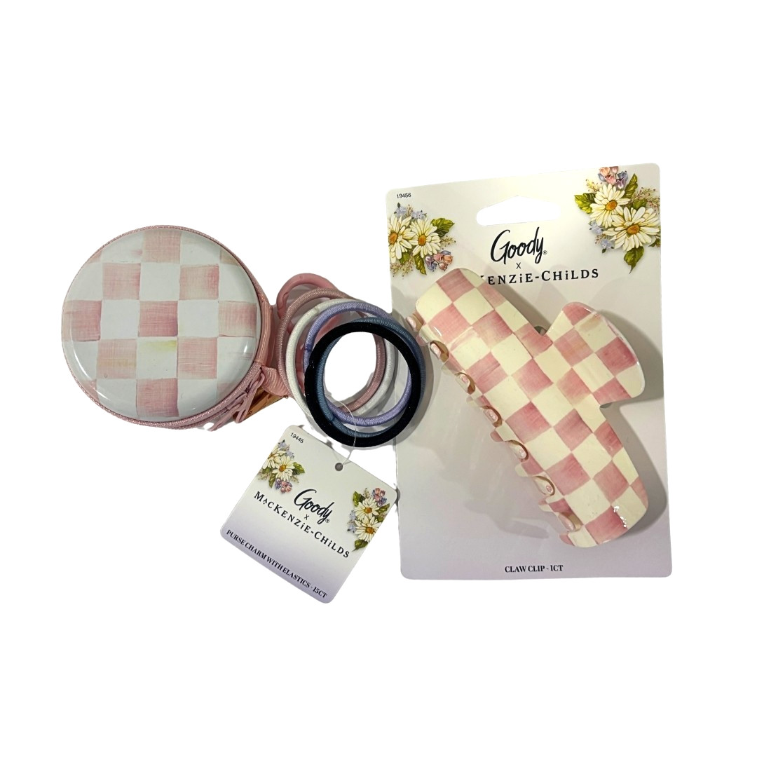 New MacKenzie Childs SET – Pink Check Claw Clip & Purse Charm Case Elastics