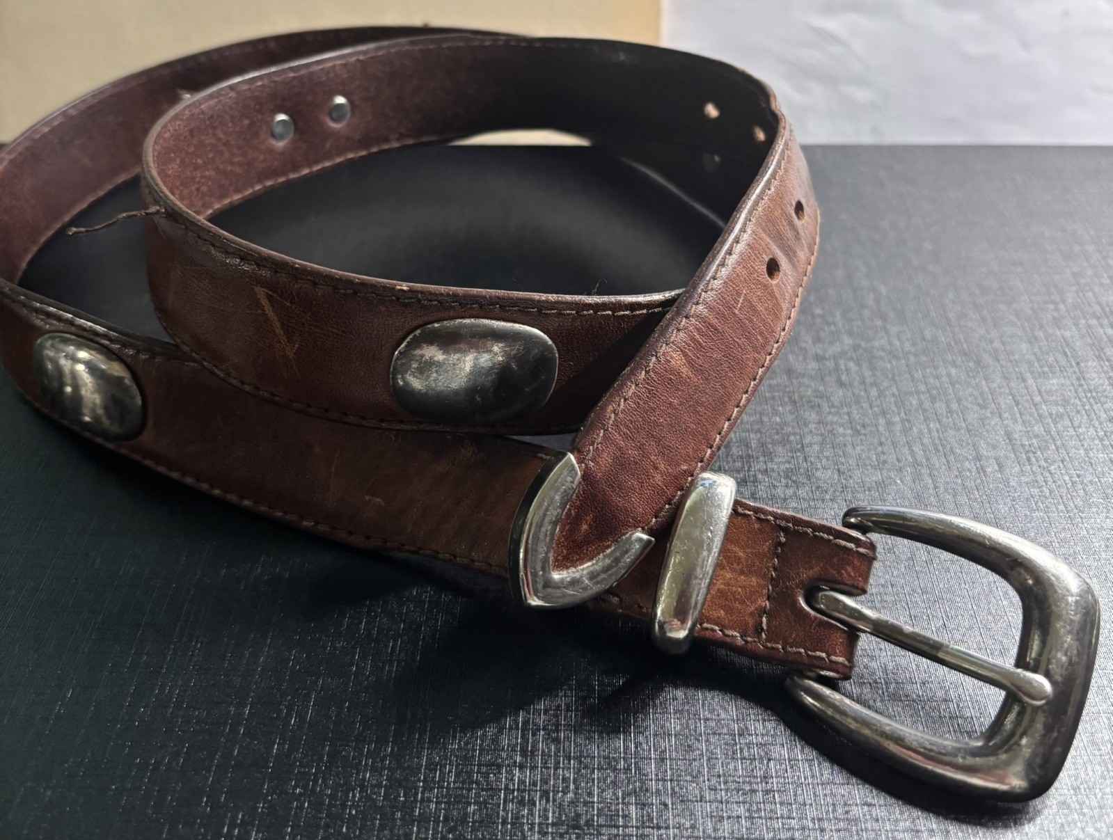 Vintage Brown Concho Belt 36” Southwestern Cowboy Western Italian Glove Leather