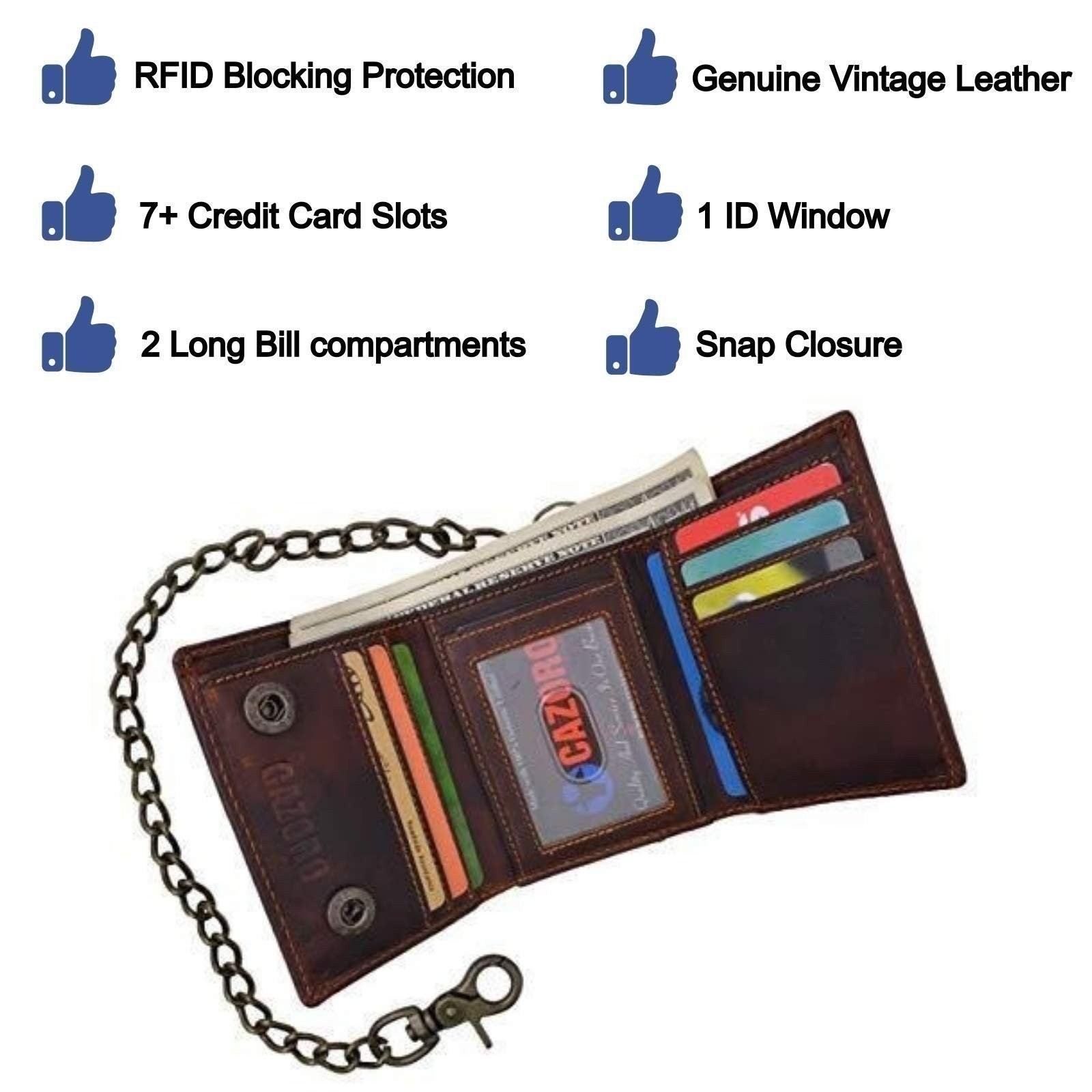RFID Blocking Men’s Tri-fold Vintage Leather Biker Chain Wallet With Snap Closur