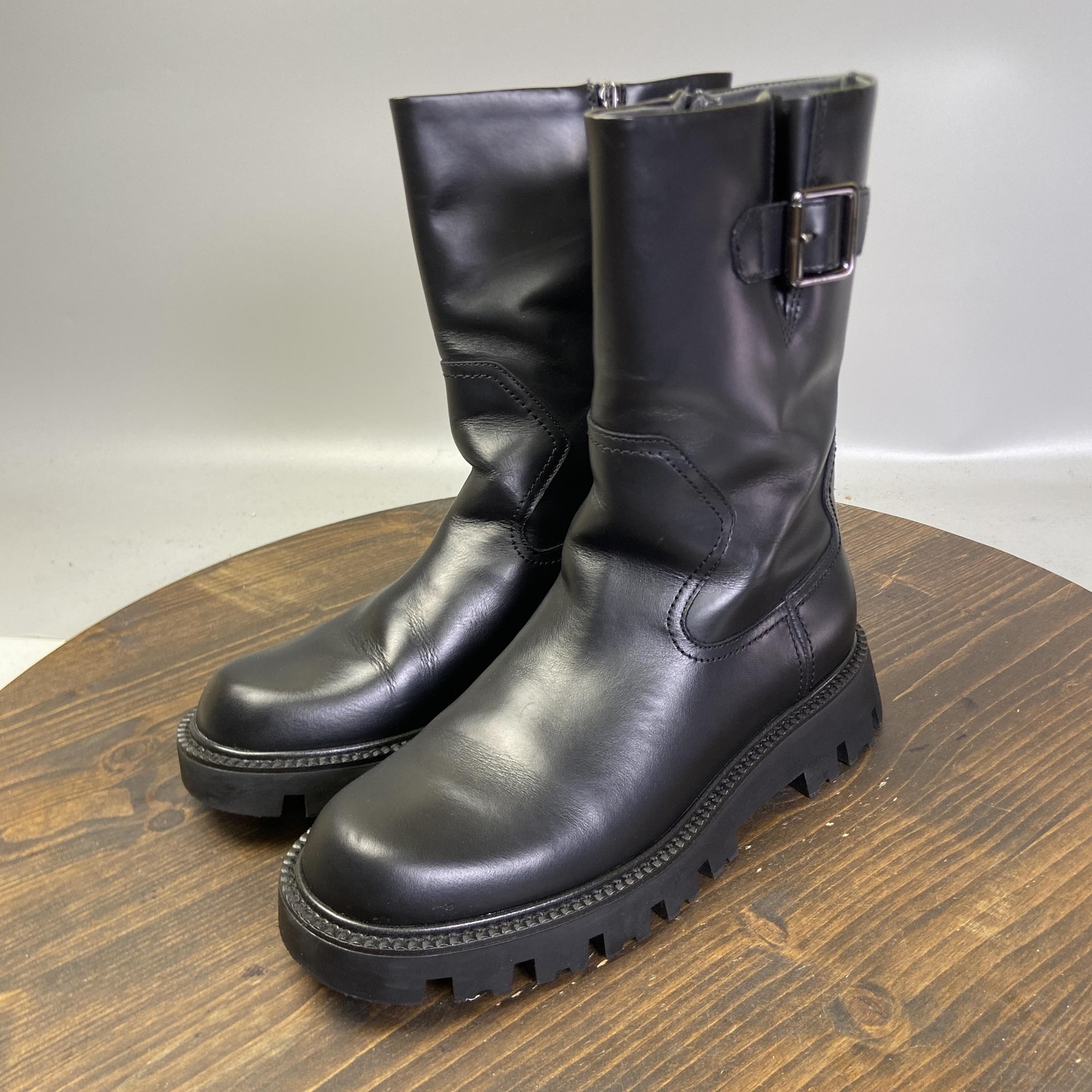 Franco Sarto L-Brina Boots Womens Size 7.5 Black Leather Mid Calf Lug Sole Biker