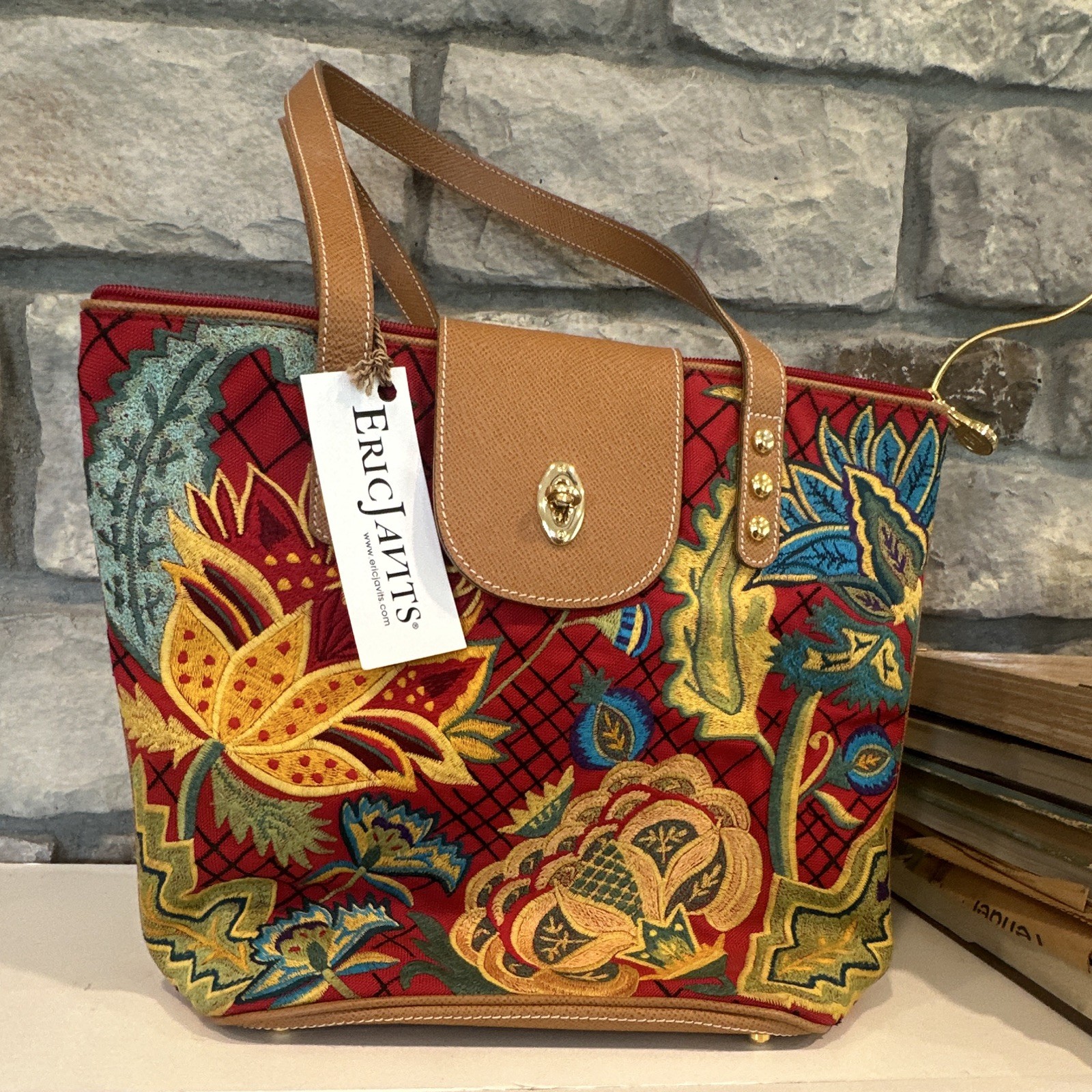 Eric Javits Lotus Tote Mini Red Multicolor Floral Zip Embroidered Strap