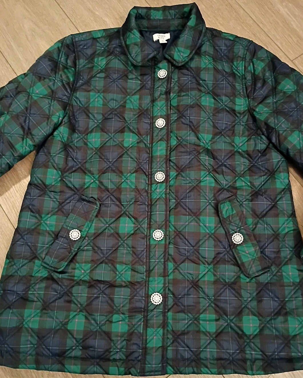 Crown & Ivy Navy Green Plaid Quilted Jacket Bling Rhinestone Button Snaps Sz M