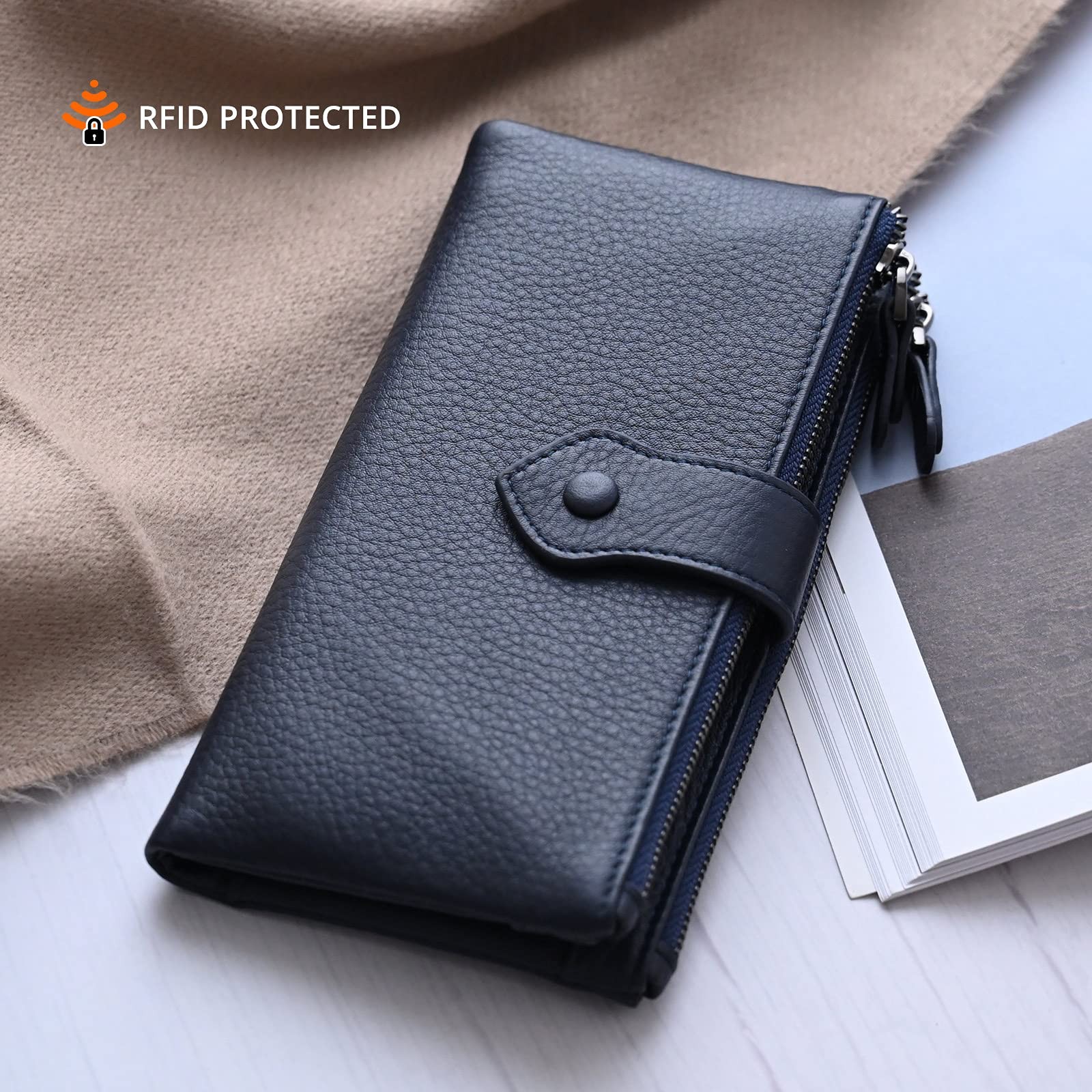 Bveyzi Women Soft Leather RFID Blocking 7.48″L x 3.54″W x 0.86″H, Deep Blue